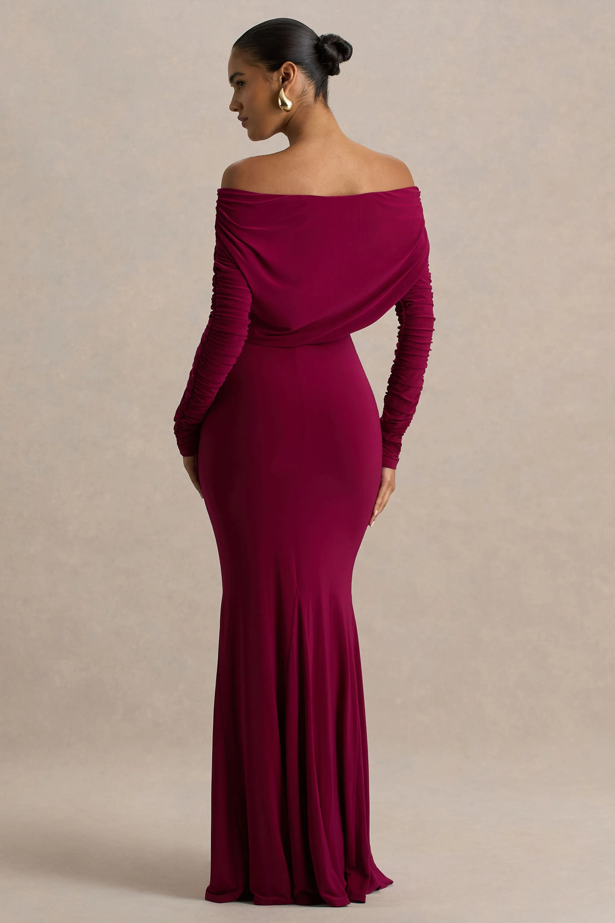 Cilla | Burgundy Bardot-Neck Maxi Dress With Ruched Detailing sold by Club L London product image thumbnail 2