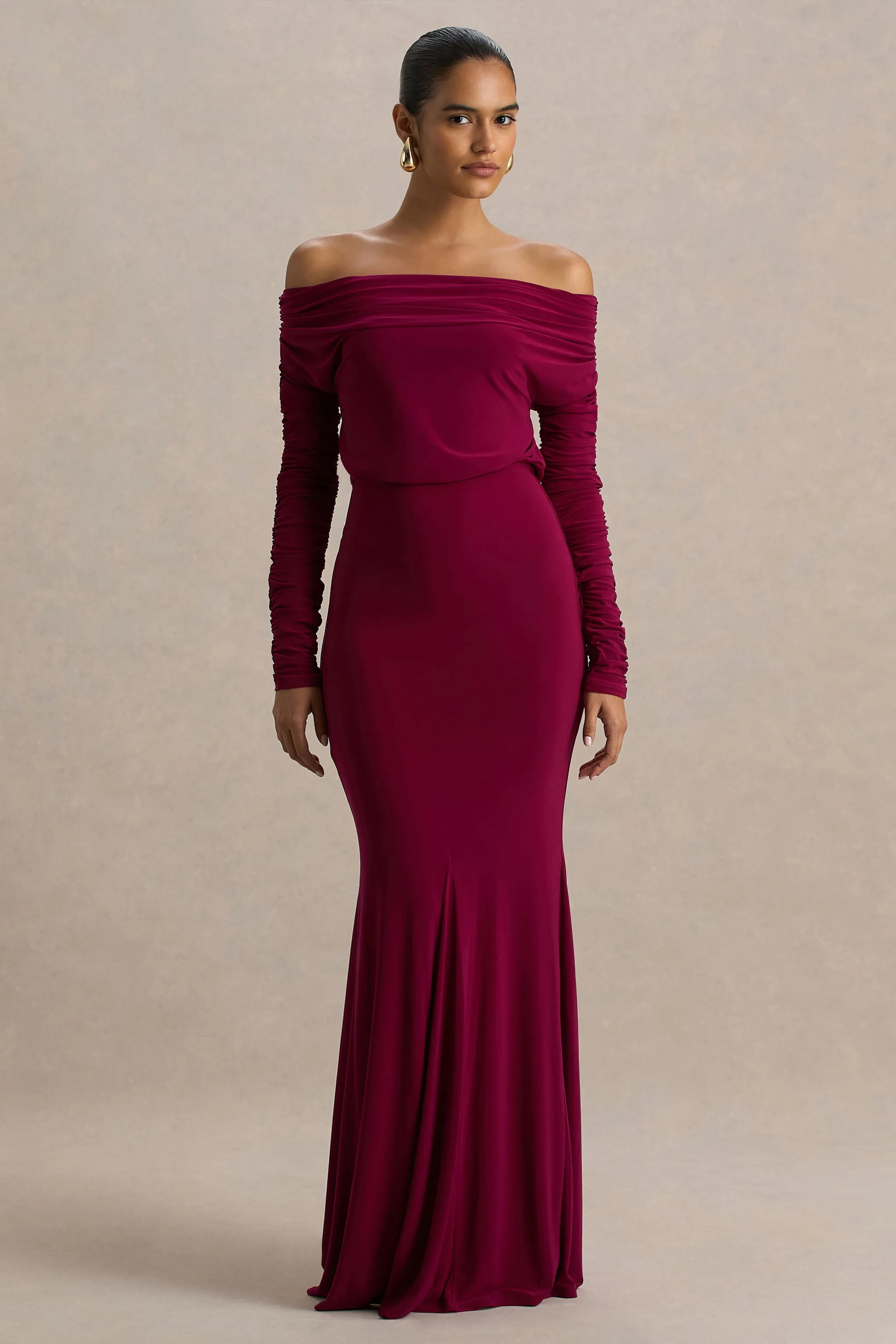 Cilla | Burgundy Bardot-Neck Maxi Dress With Ruched Detailing sold by Club L London product image thumbnail 3