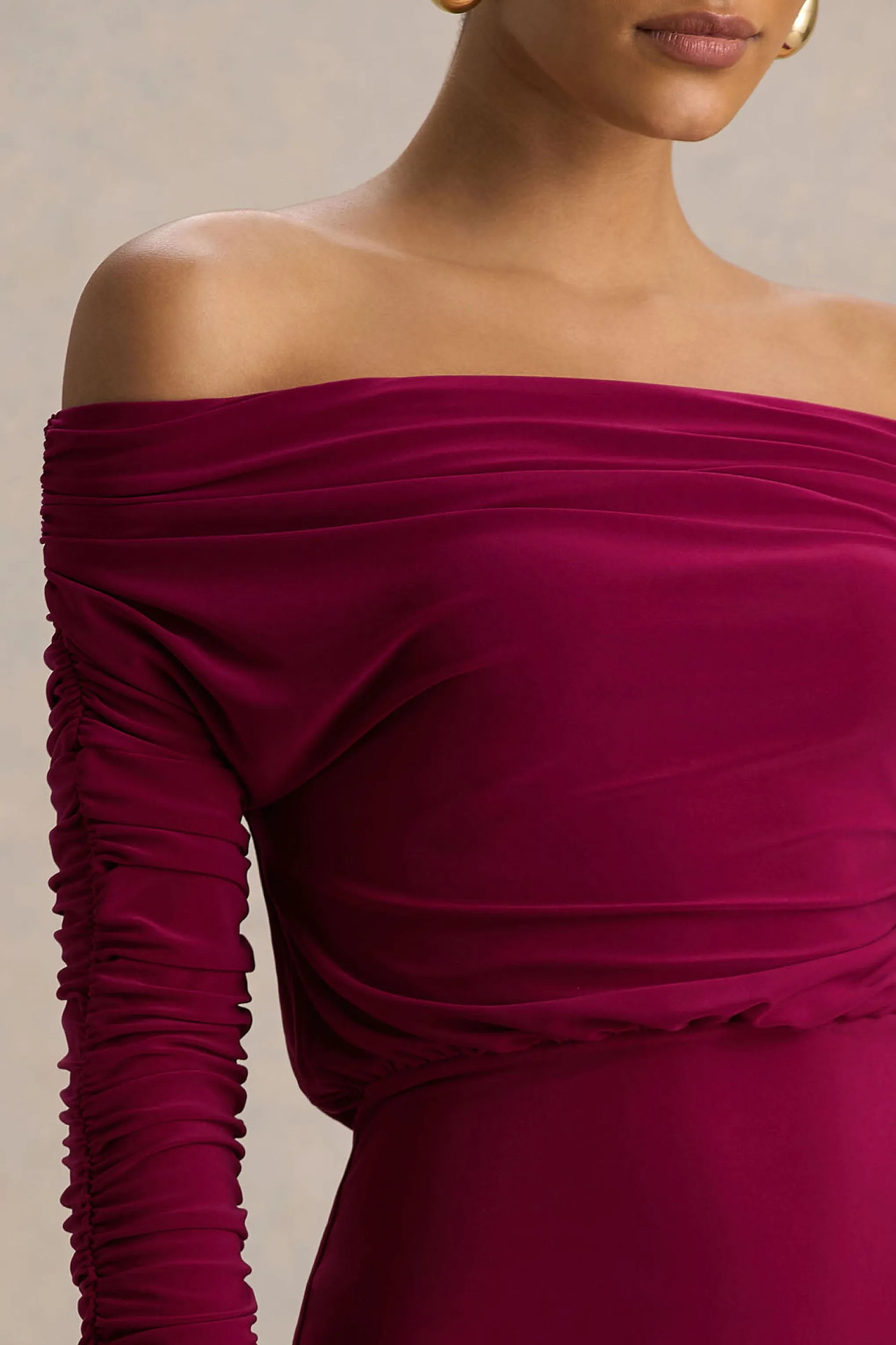 Cilla | Burgundy Bardot-Neck Maxi Dress With Ruched Detailing sold by Club L London product image thumbnail 4