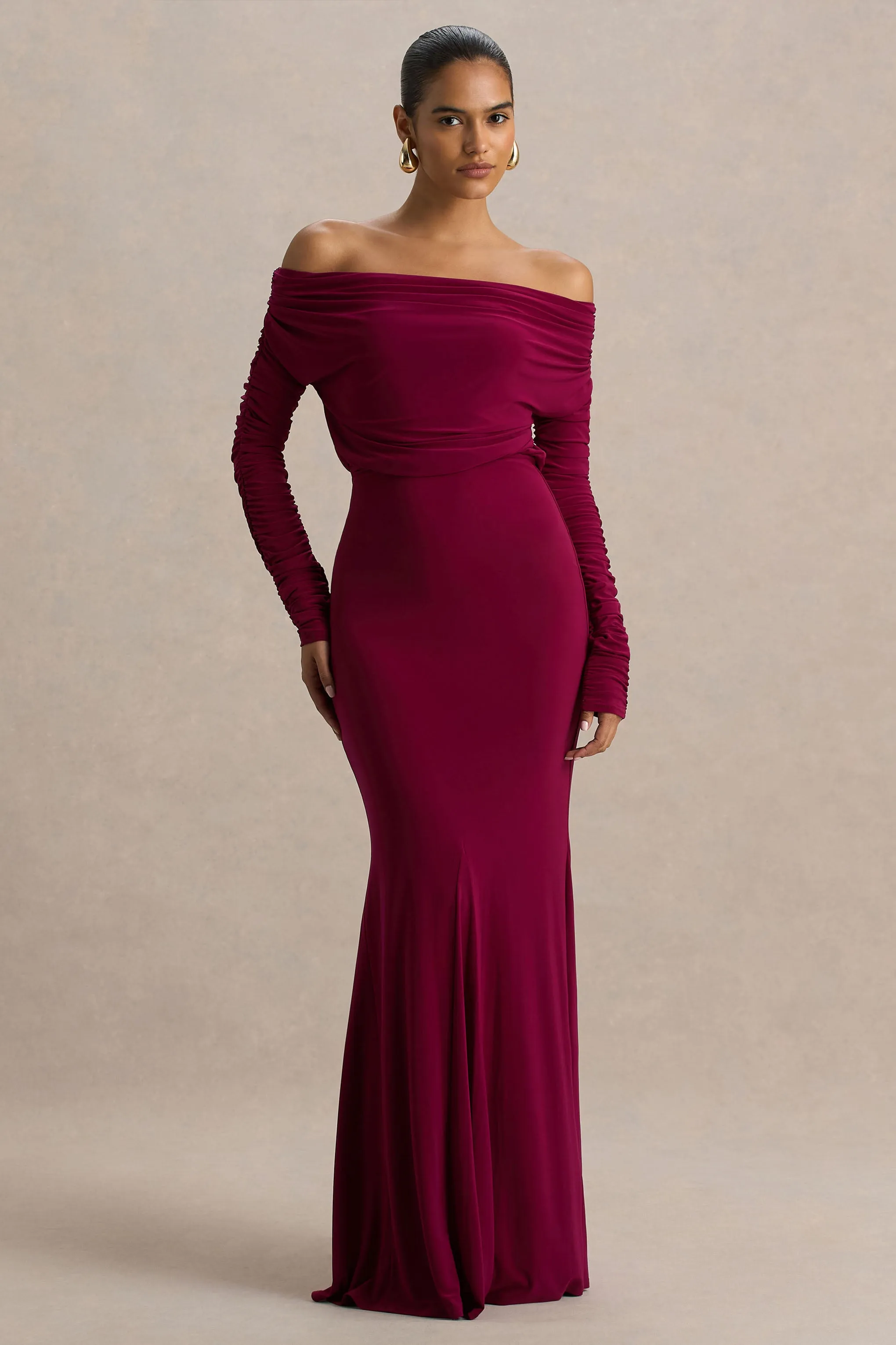 Cilla | Burgundy Bardot-Neck Maxi Dress With Ruched Detailing sold by Club L London