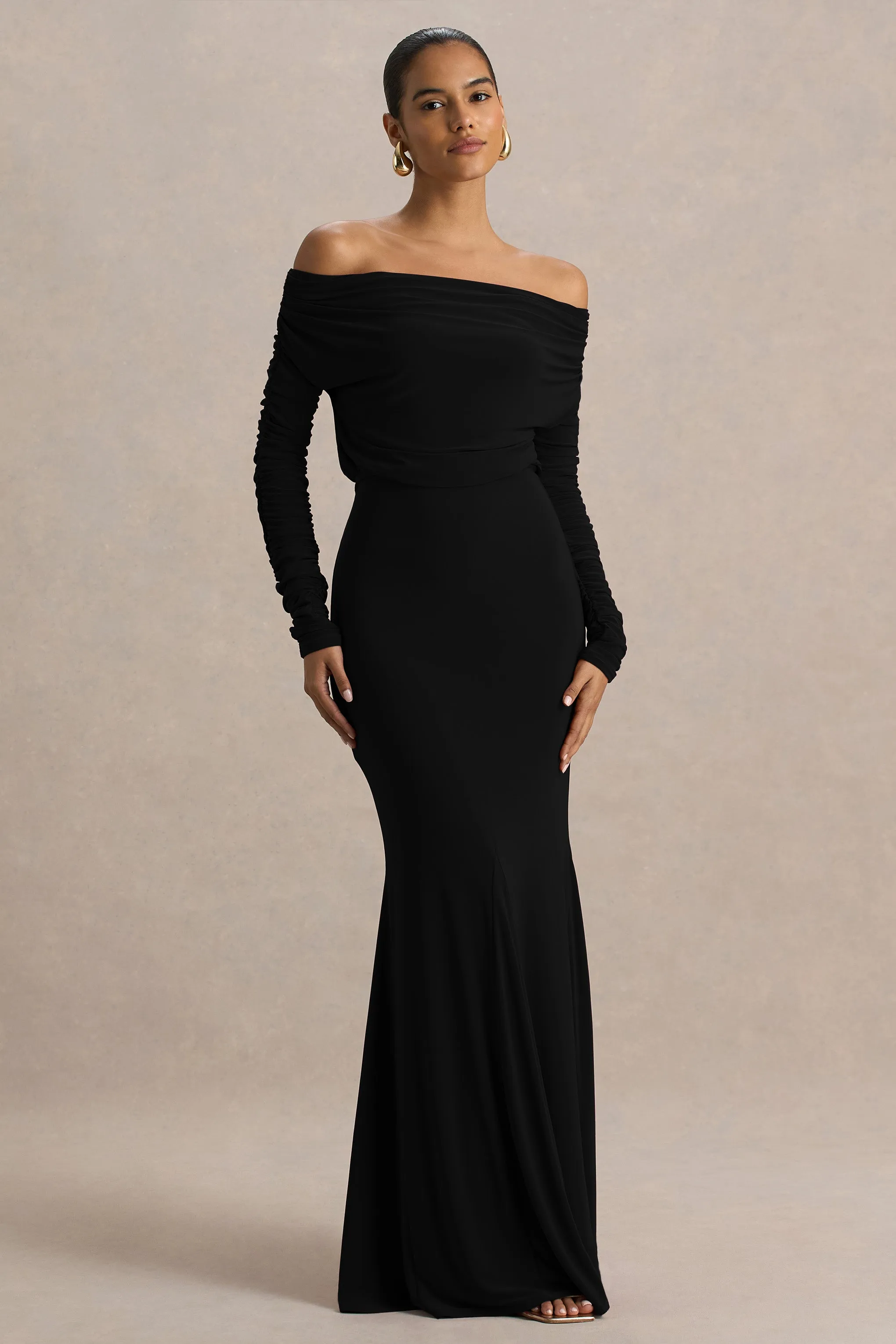 Cilla | Black Bardot-Neck Maxi Dress With Ruched Detailing sold by Club L London