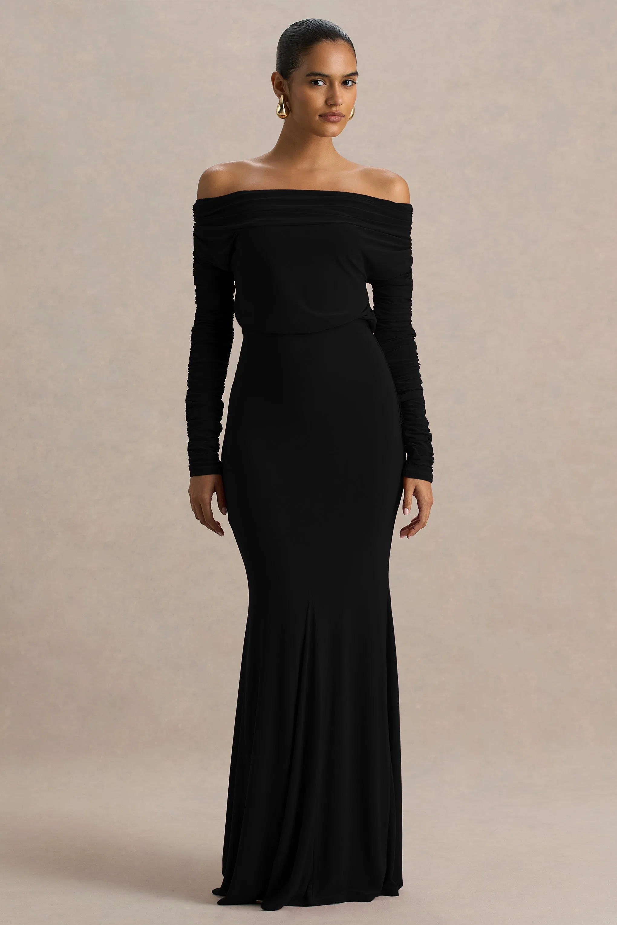 Cilla | Black Bardot-Neck Maxi Dress With Ruched Detailing sold by Club L London product image thumbnail 5