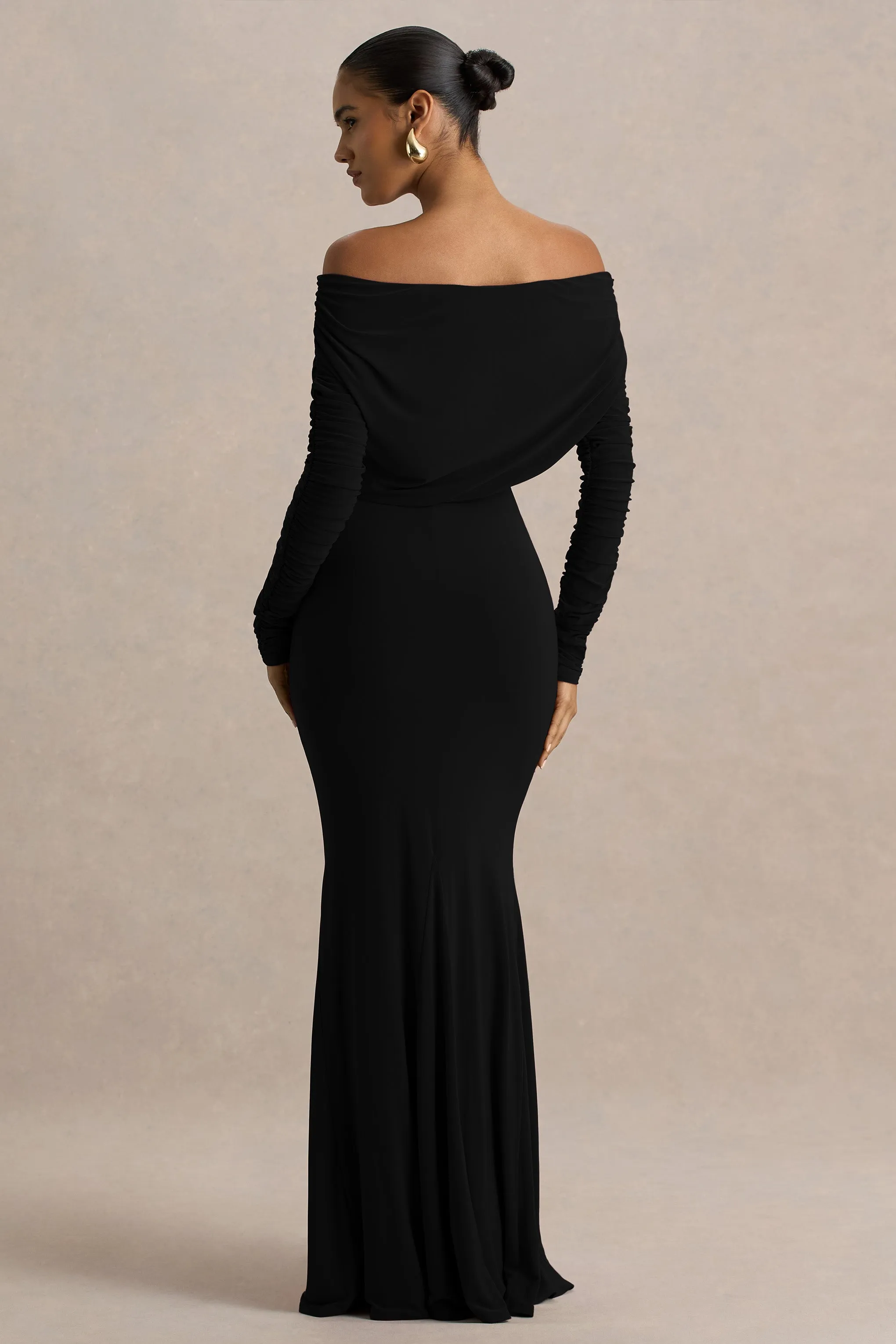 Cilla | Black Bardot-Neck Maxi Dress With Ruched Detailing sold by Club L London product image thumbnail 2