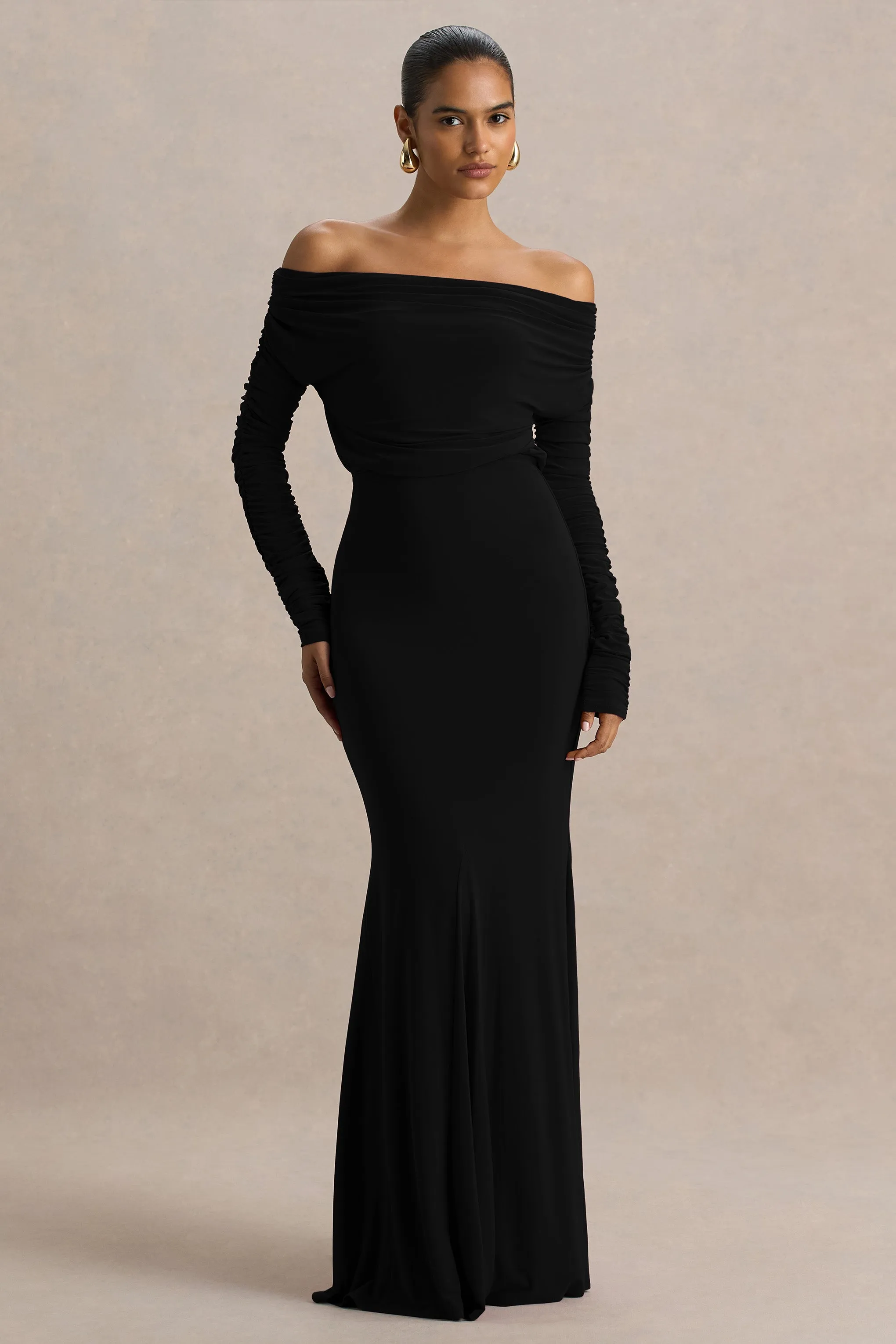Cilla | Black Bardot-Neck Maxi Dress With Ruched Detailing sold by Club L London product image thumbnail 3