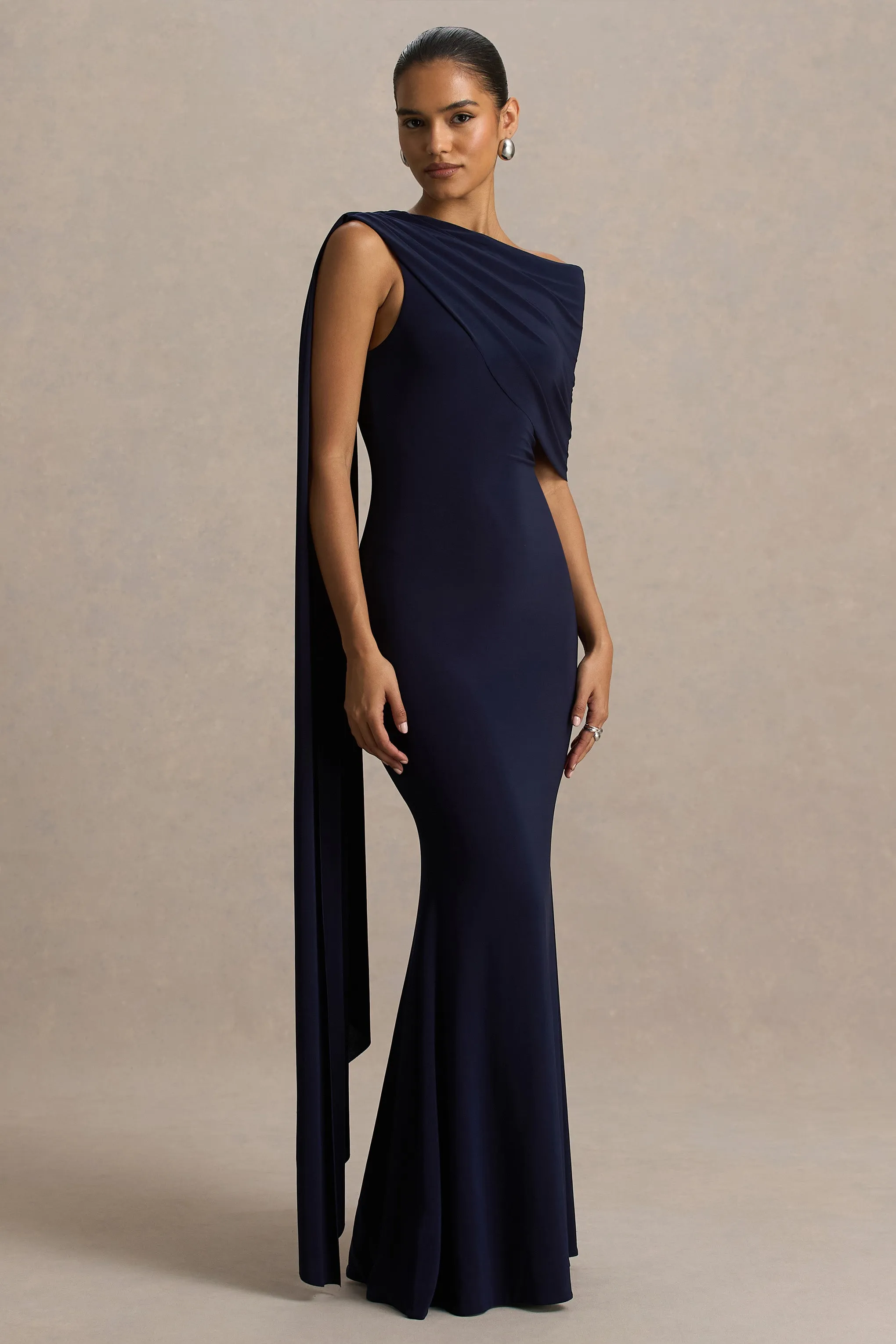 Tiana | Navy Asymmetric-Neck Maxi Dress With Drape-Detail sold by Club L London