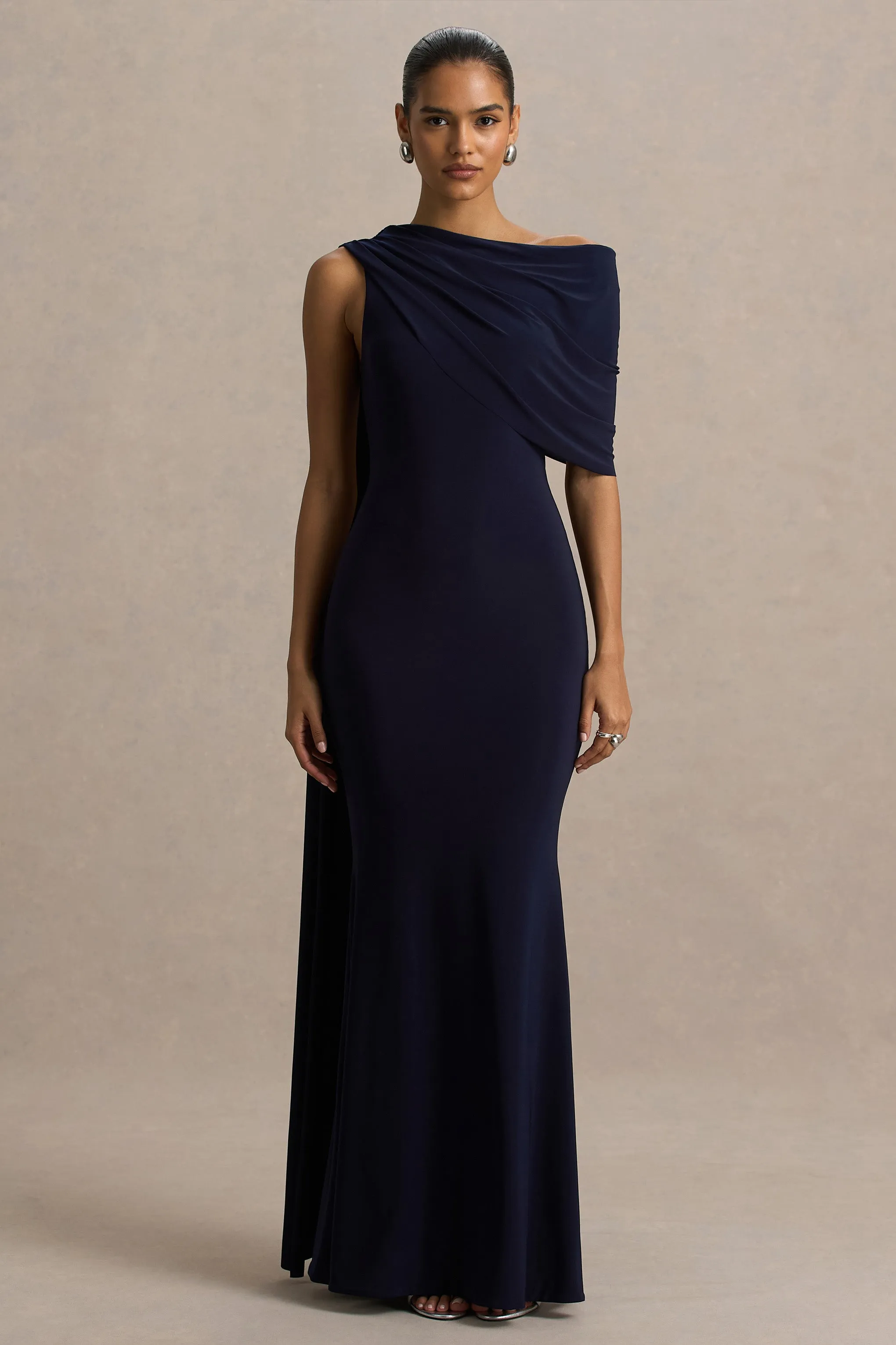Tiana | Navy Asymmetric-Neck Maxi Dress With Drape-Detail sold by Club L London product image thumbnail 5