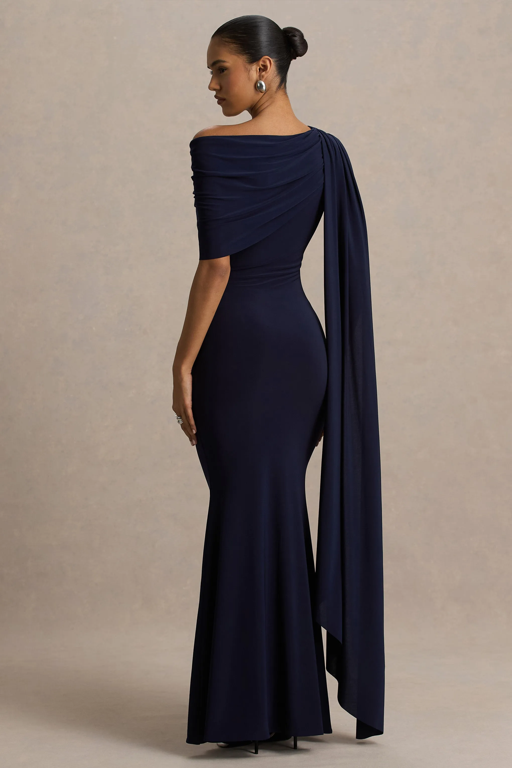 Tiana | Navy Asymmetric-Neck Maxi Dress With Drape-Detail sold by Club L London product image thumbnail 2