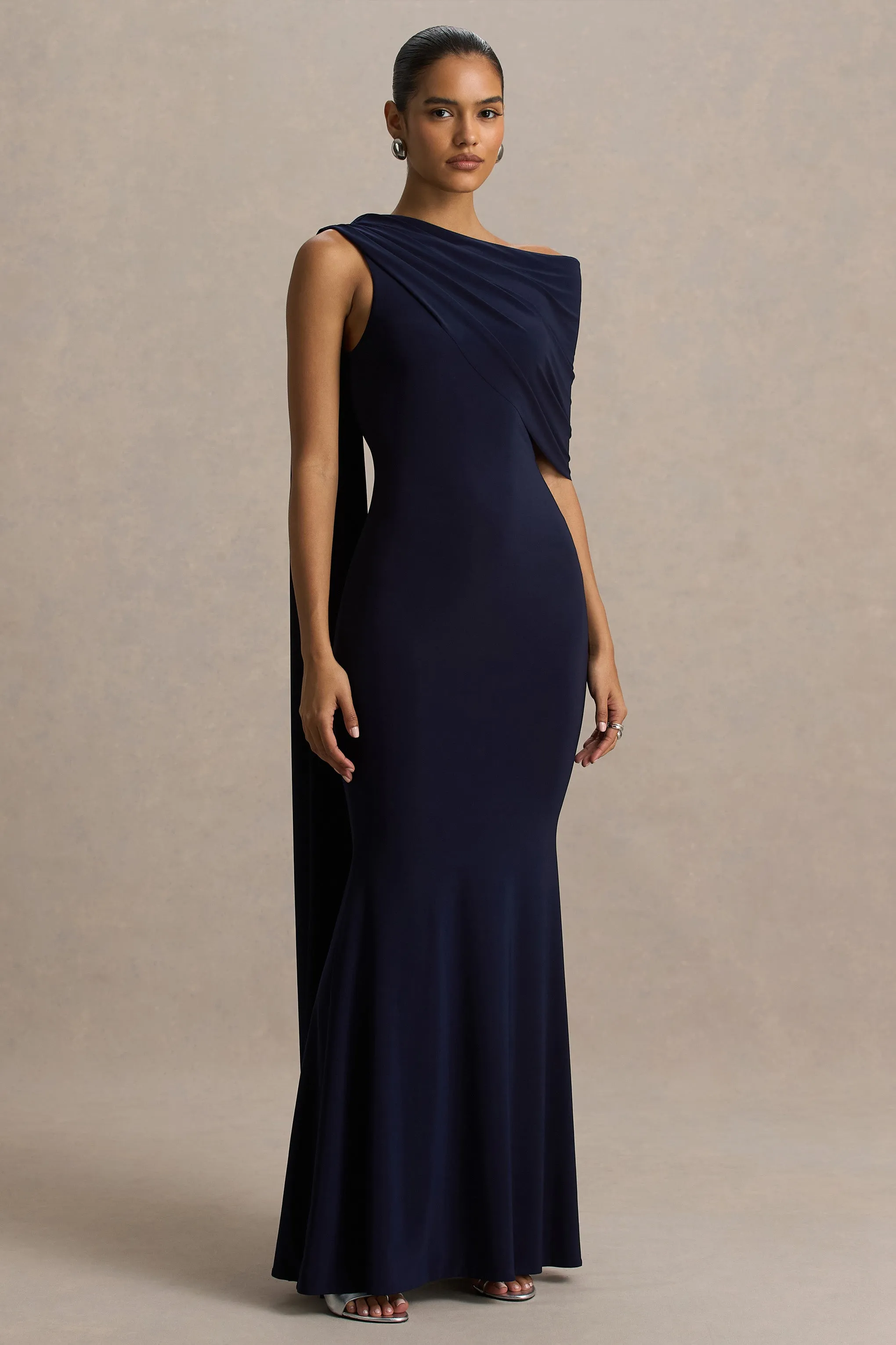 Tiana | Navy Asymmetric-Neck Maxi Dress With Drape-Detail sold by Club L London product image thumbnail 3