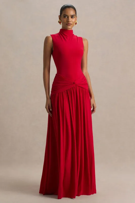 Cascade | Red High-Neck Maxi Dress With Twist Detail sold by Club L London