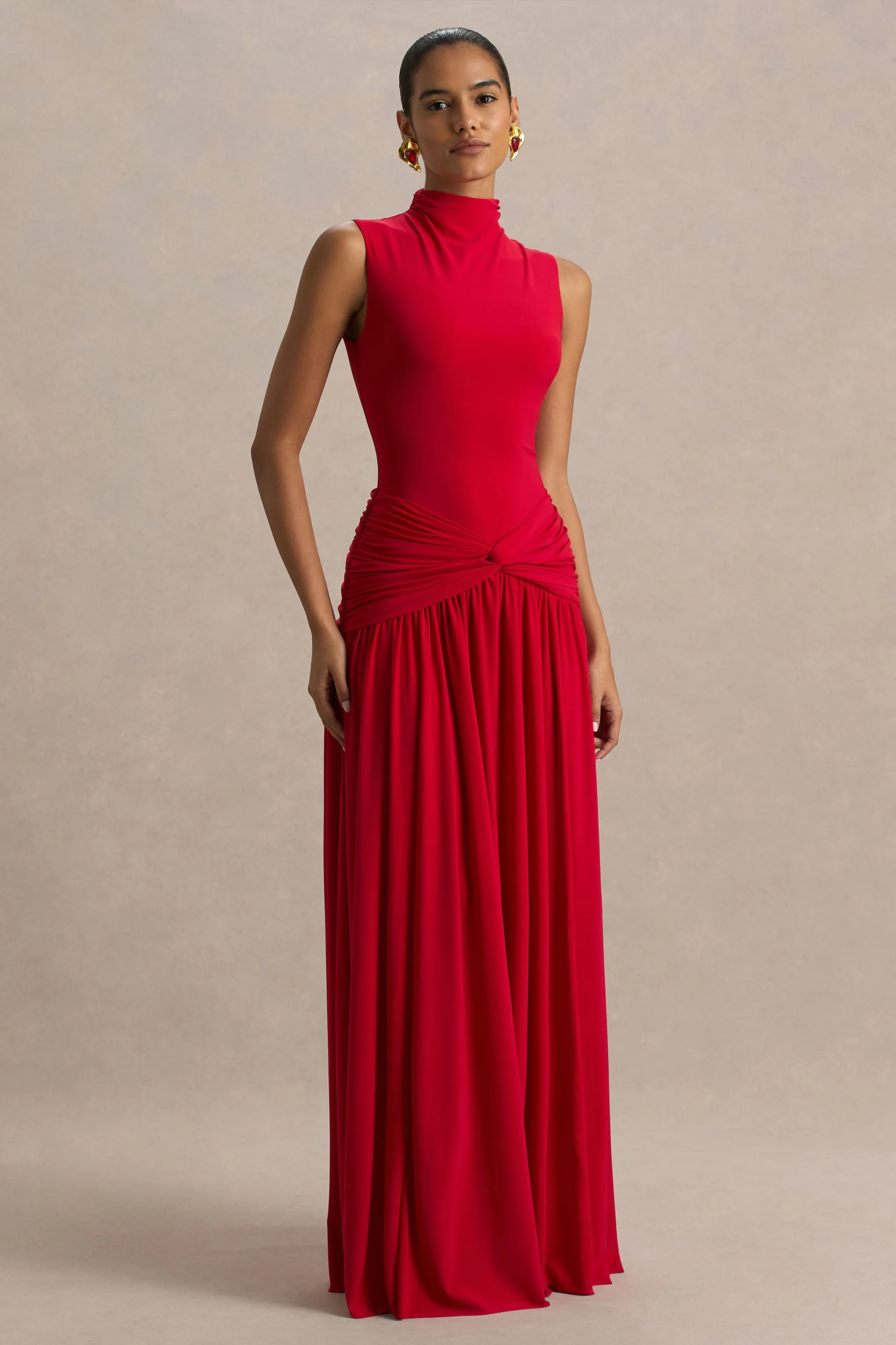 Cascade | Red High-Neck Maxi Dress With Twist Detail sold by Club L London product image thumbnail 5