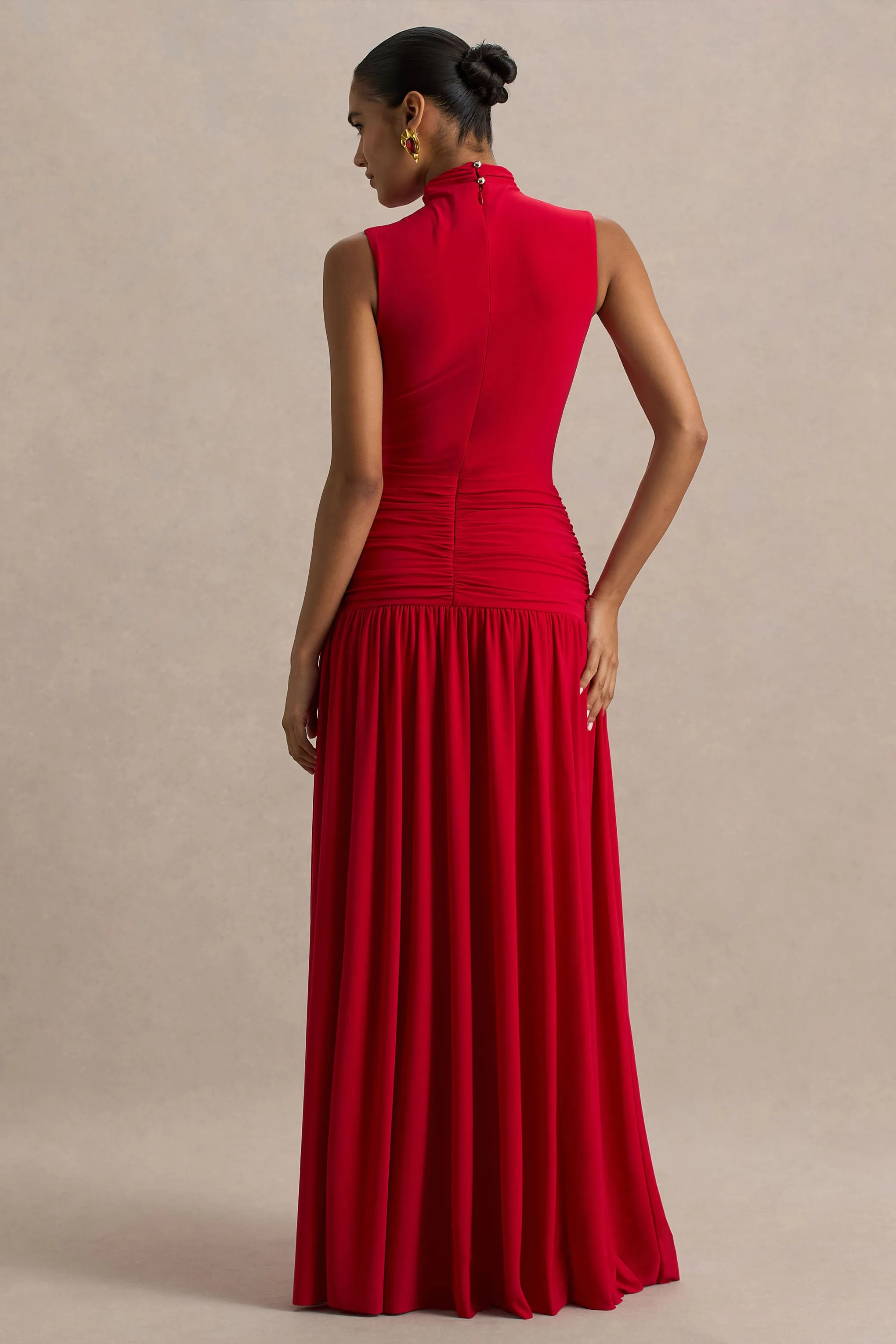 Cascade | Red High-Neck Maxi Dress With Twist Detail sold by Club L London product image thumbnail 2