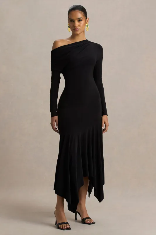 Isola | Black Asymmetric-Neck Midi Dress With Drop-Waist sold by Club L London