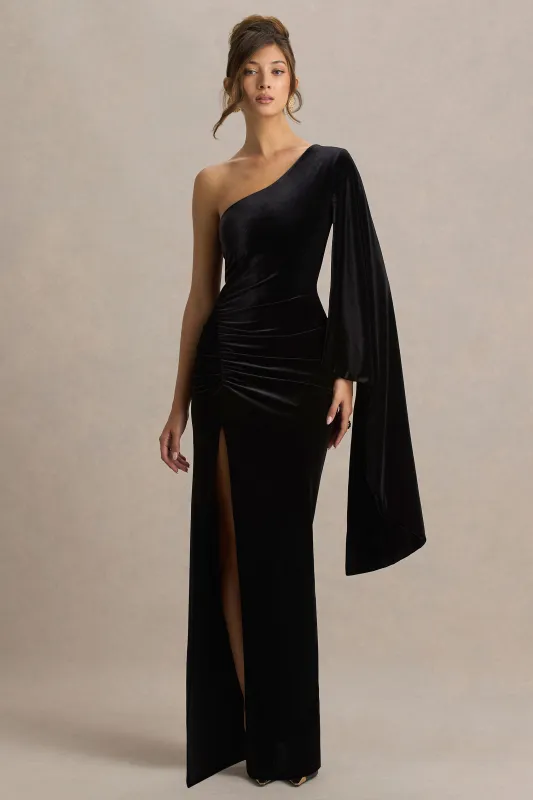 Camilla | Black Velvet Asymmetric-Neck Maxi Dress With Ruched Detailing sold by Club L London