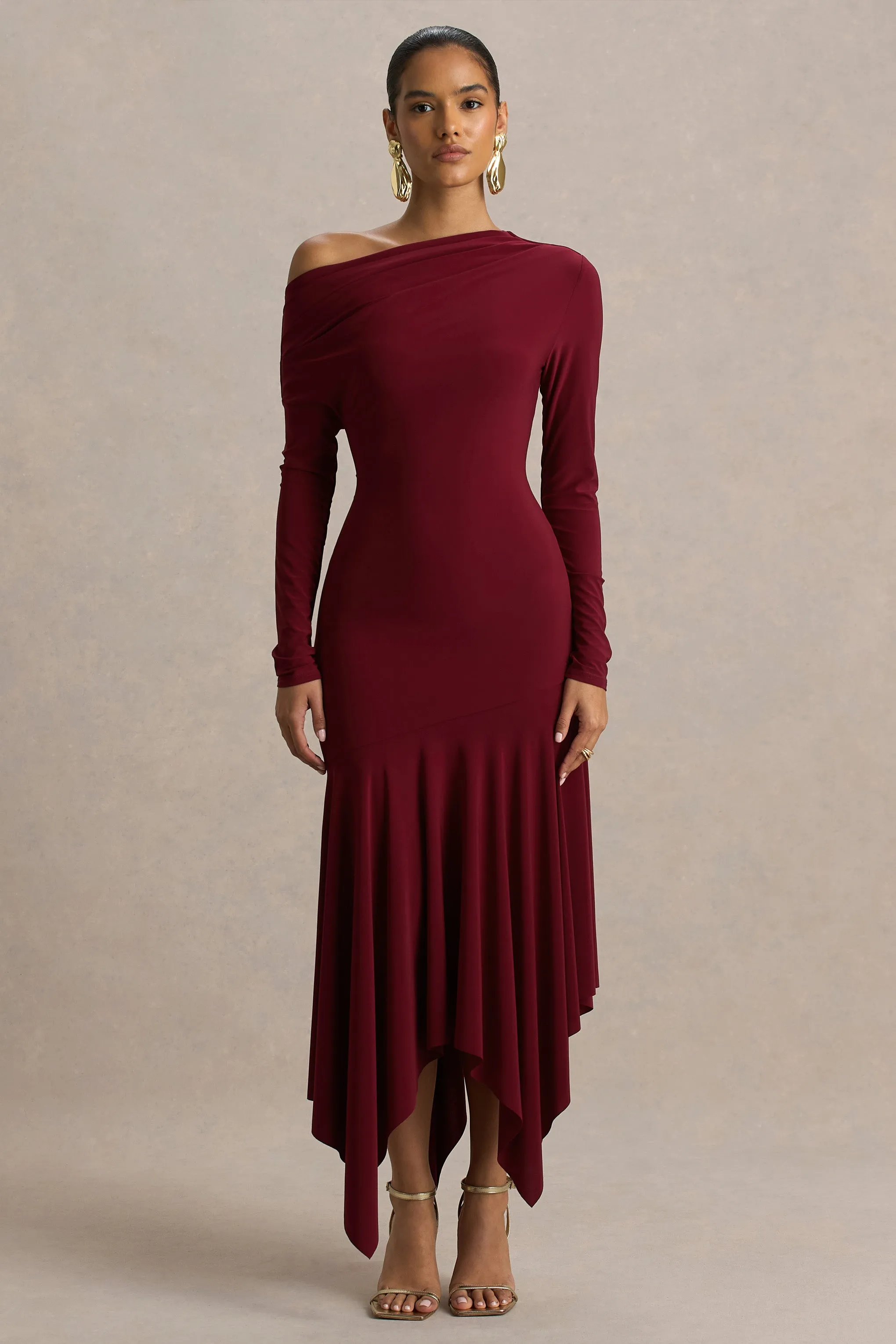 Isola | Burgundy Asymmetric-Neck Midi Dress With Drop-Waist sold by Club L London product image thumbnail 3