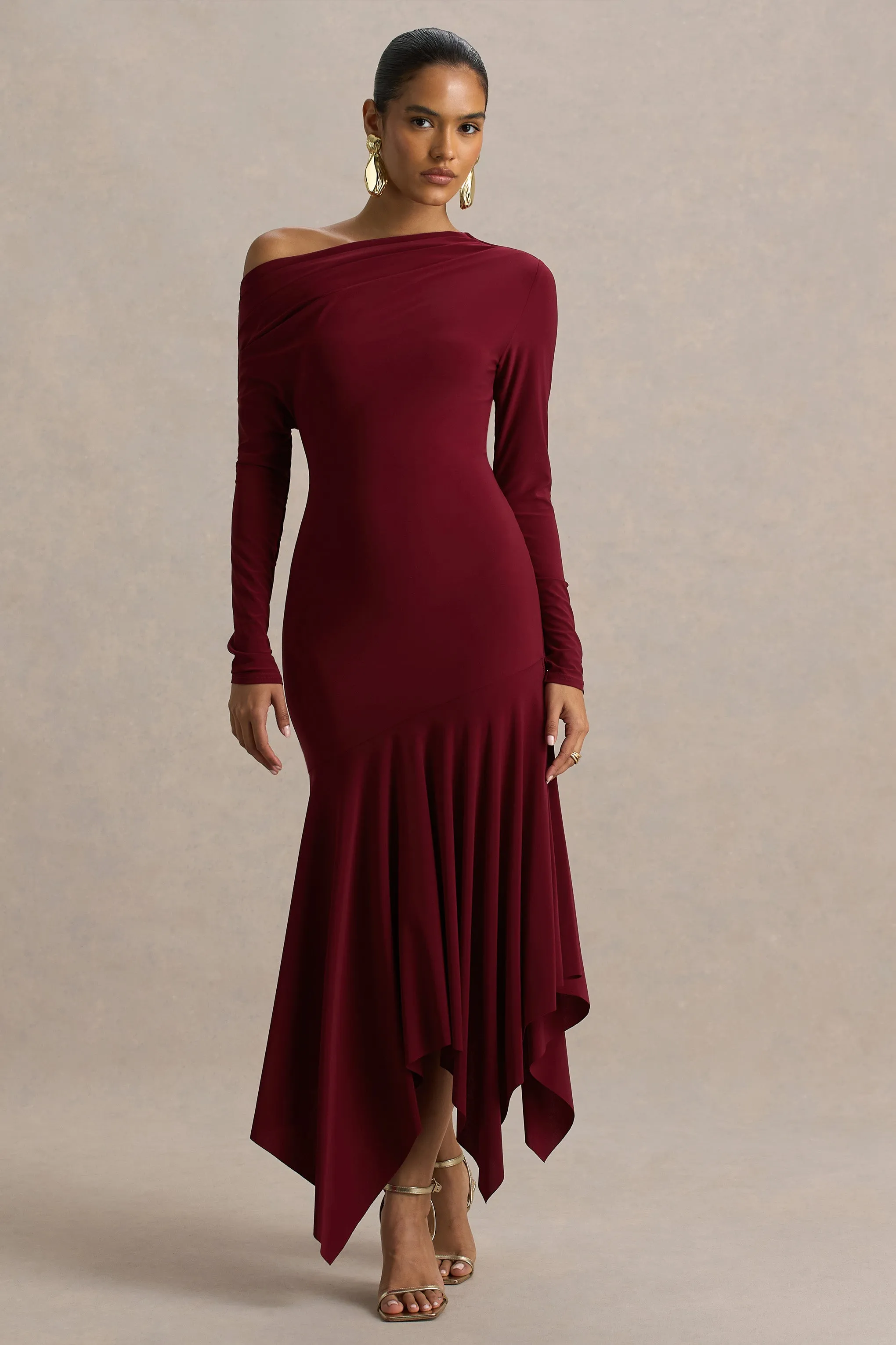 Isola | Burgundy Asymmetric-Neck Midi Dress With Drop-Waist sold by Club L London