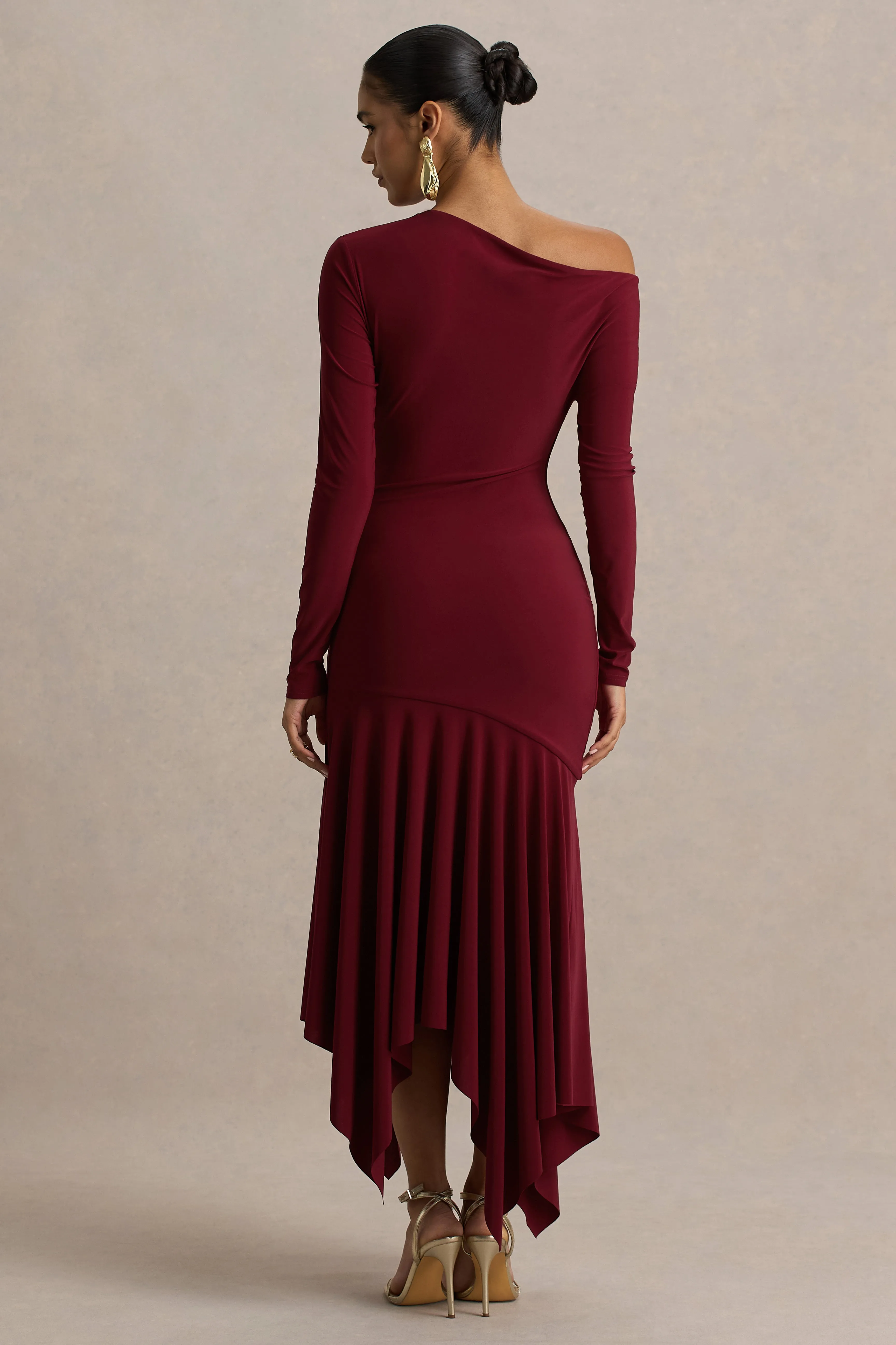 Isola | Burgundy Asymmetric-Neck Midi Dress With Drop-Waist sold by Club L London product image thumbnail 2