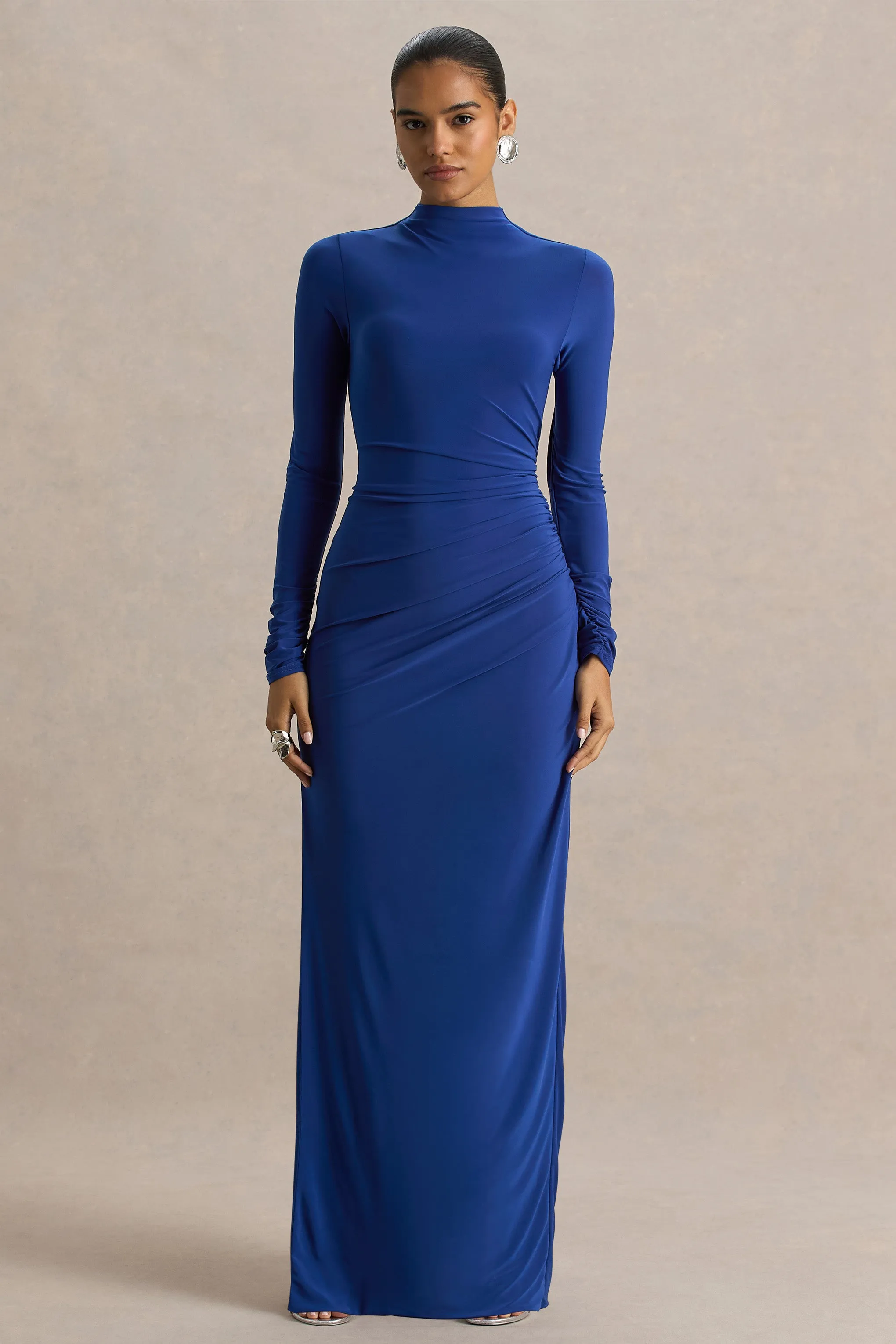 Alluring | Blue High Neck Maxi Dress With Ruched Detailing sold by Club L London