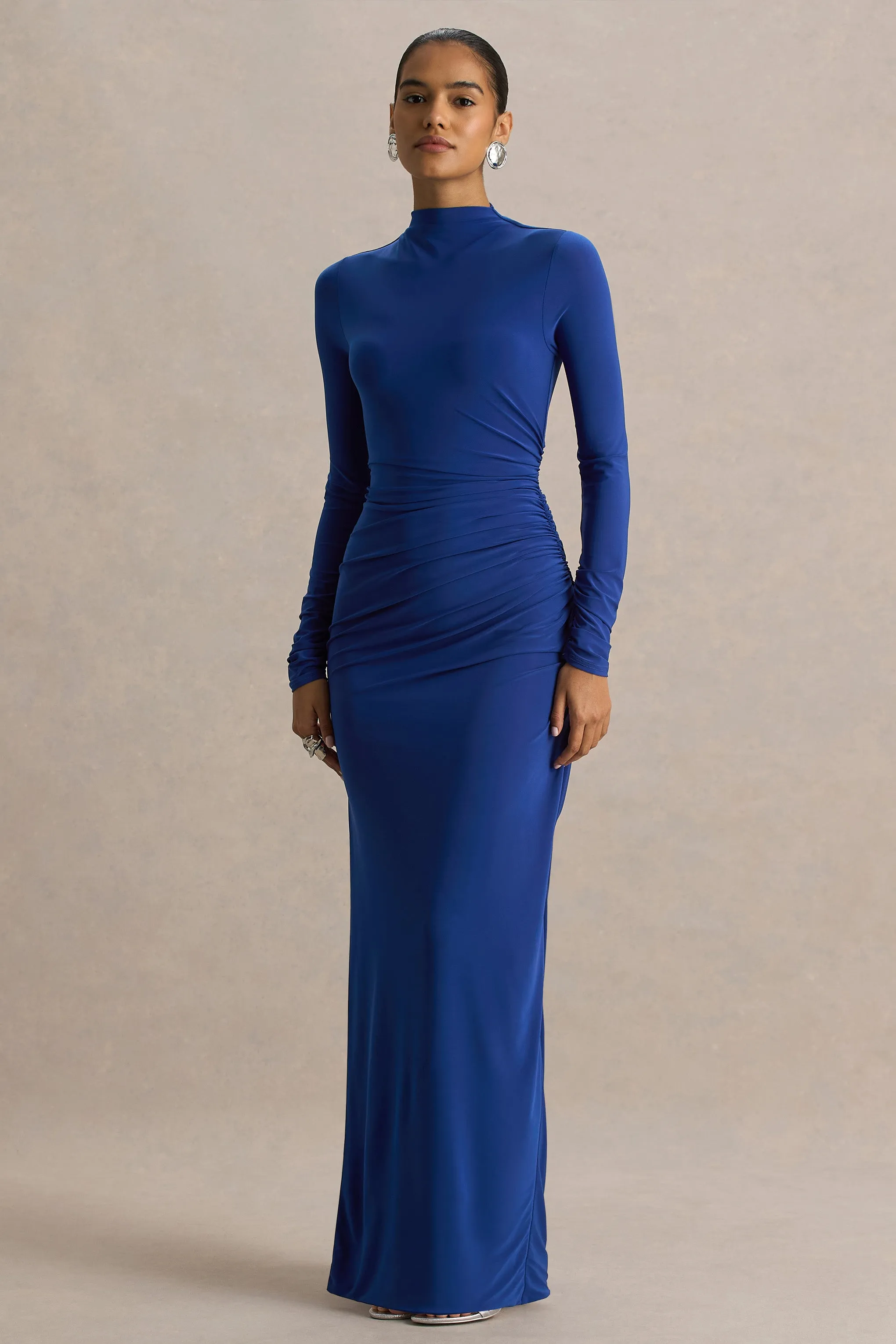 Alluring | Blue High Neck Maxi Dress With Ruched Detailing sold by Club L London product image thumbnail 5