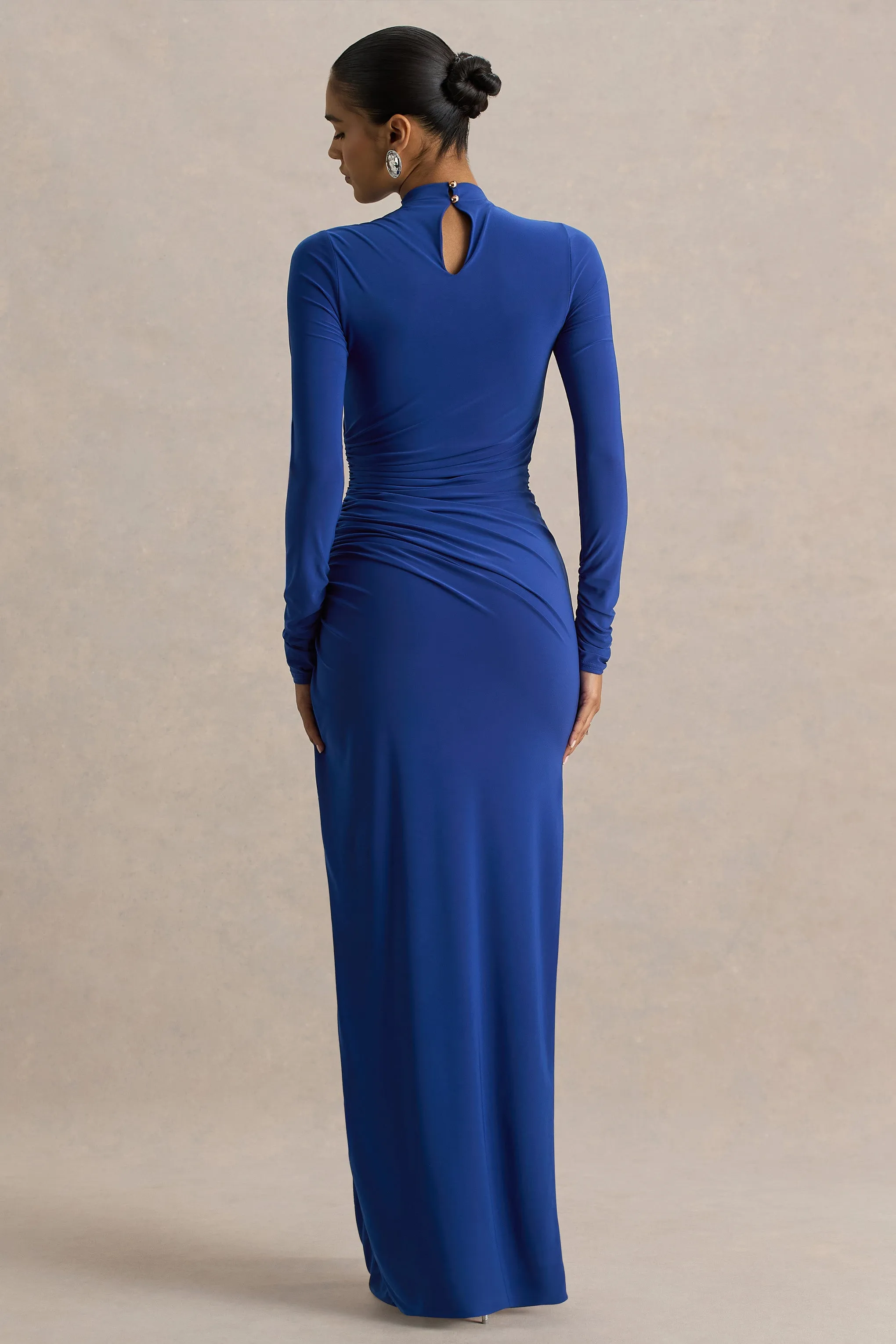 Alluring | Blue High Neck Maxi Dress With Ruched Detailing sold by Club L London product image thumbnail 2