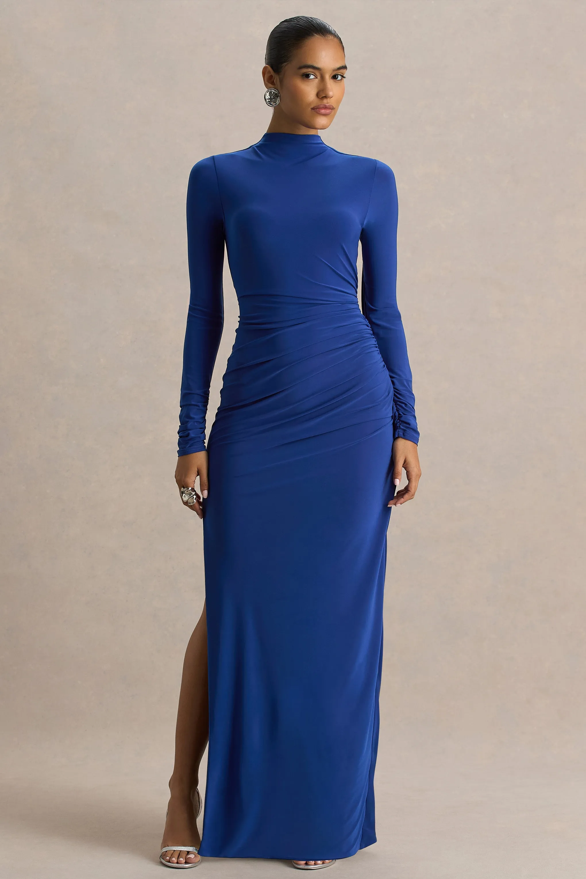 Alluring | Blue High Neck Maxi Dress With Ruched Detailing sold by Club L London product image thumbnail 3