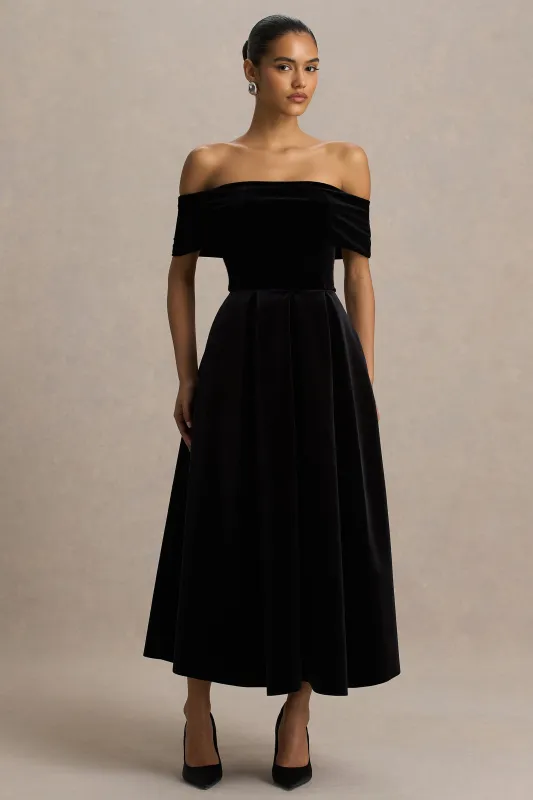 Ablaze | Black Velvet Bardot-Neck Maxi Dress sold by Club L London