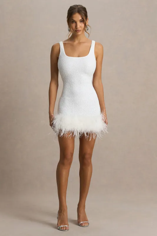 Rosalinda | White Sequin Square-Neck Mini Dress With Feather Trim sold by Club L London