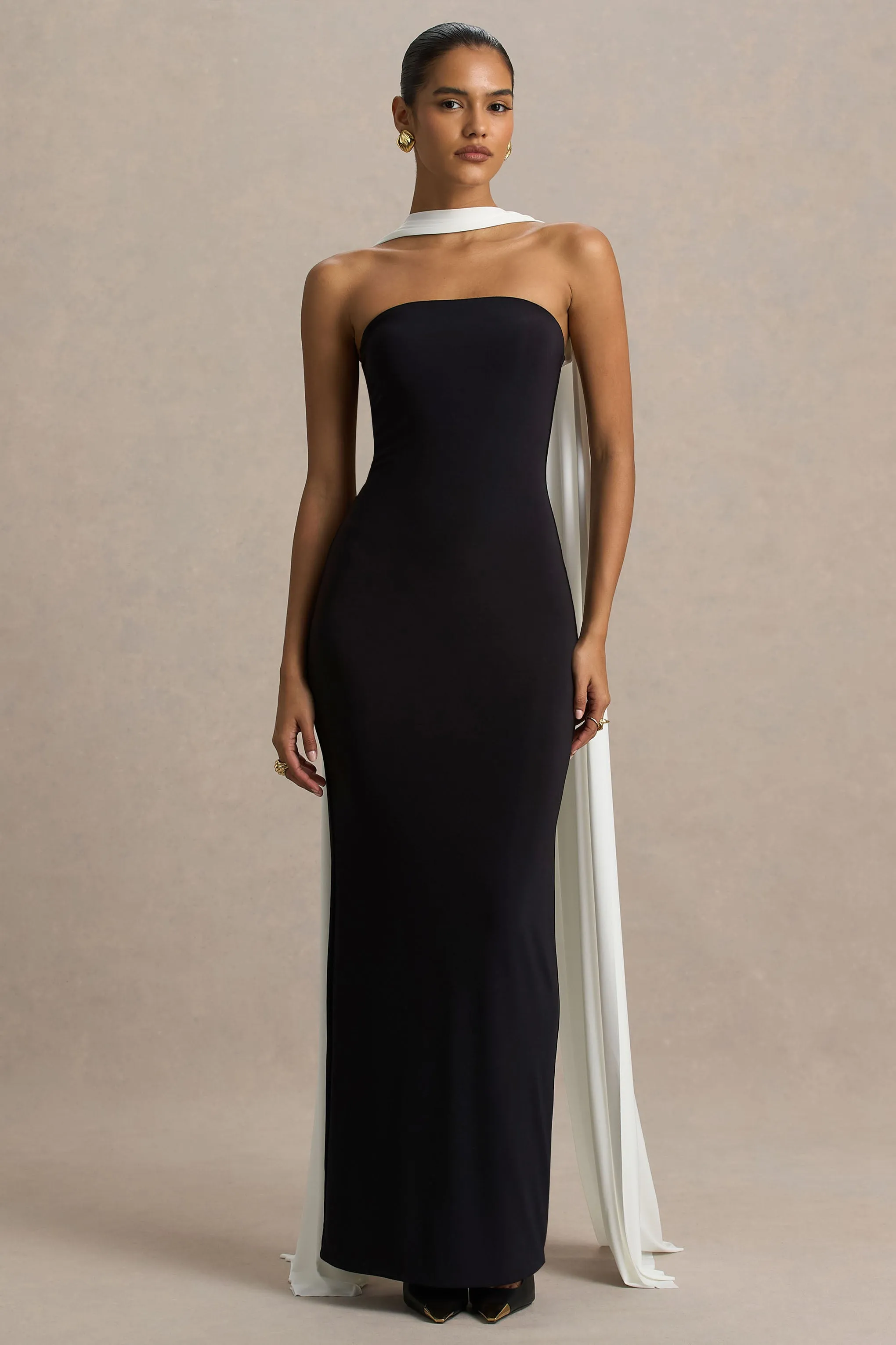 Kelilah | Black And White Bandeau Maxi Dress With Cape sold by Club L London product image thumbnail 4