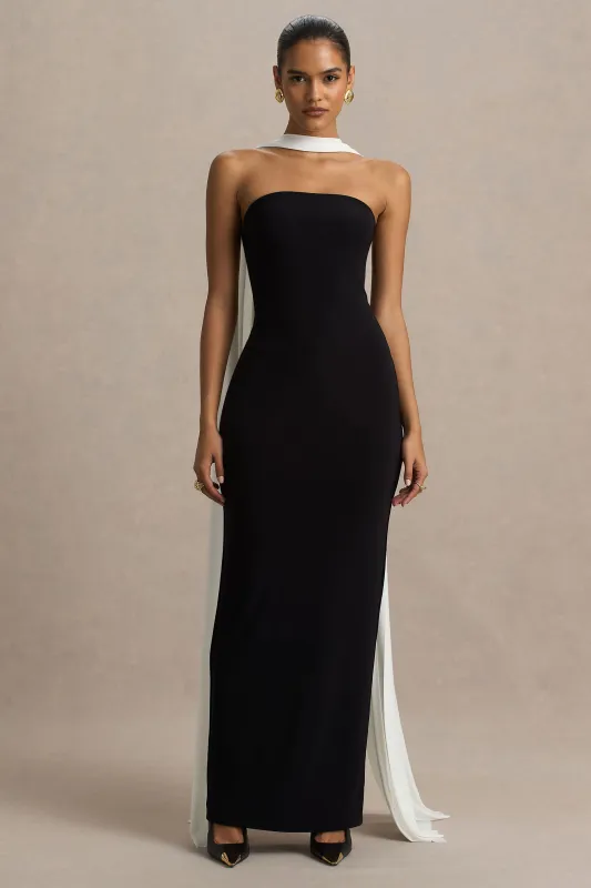 Kelilah | Black And White Bandeau Maxi Dress With Cape sold by Club L London
