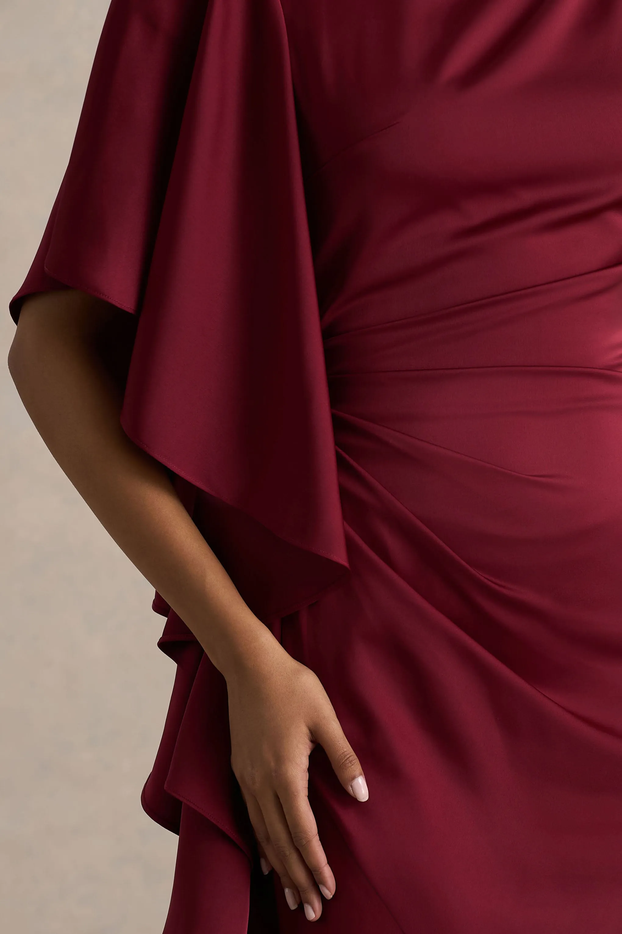 Rosy | Burgundy Satin Boat-Neck Maxi Dress With Front Split And Ruched Detailing sold by Club L London product image thumbnail 3