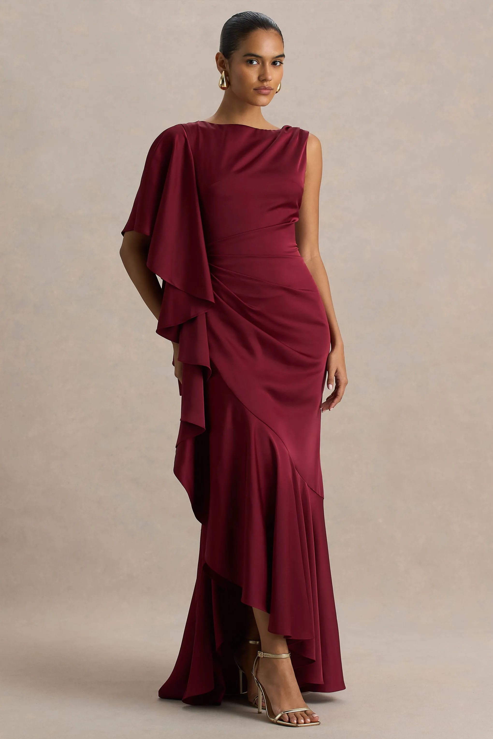 Rosy | Burgundy Satin Boat-Neck Maxi Dress With Front Split And Ruched Detailing sold by Club L London product image thumbnail 4