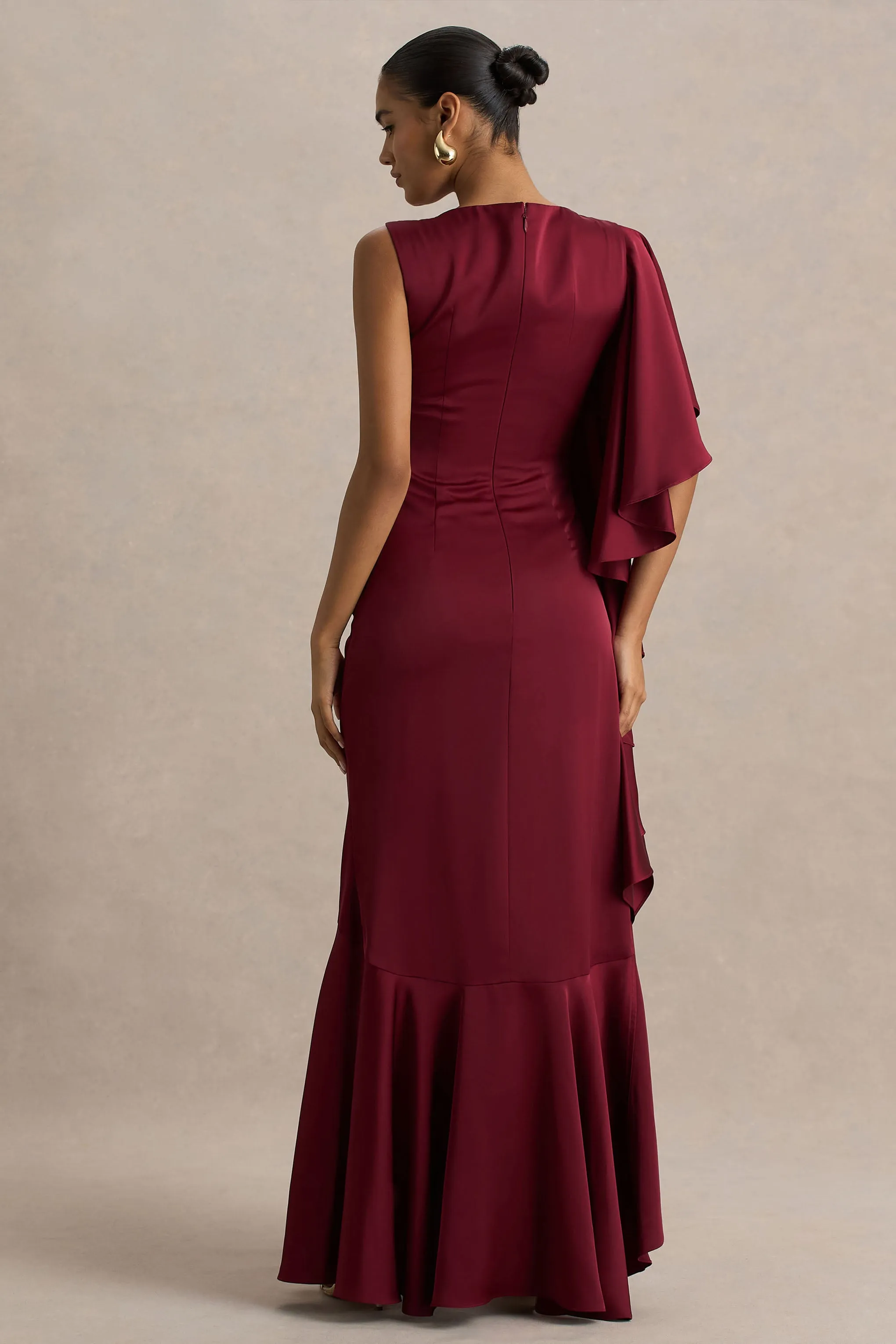 Rosy | Burgundy Satin Boat-Neck Maxi Dress With Front Split And Ruched Detailing sold by Club L London product image thumbnail 2