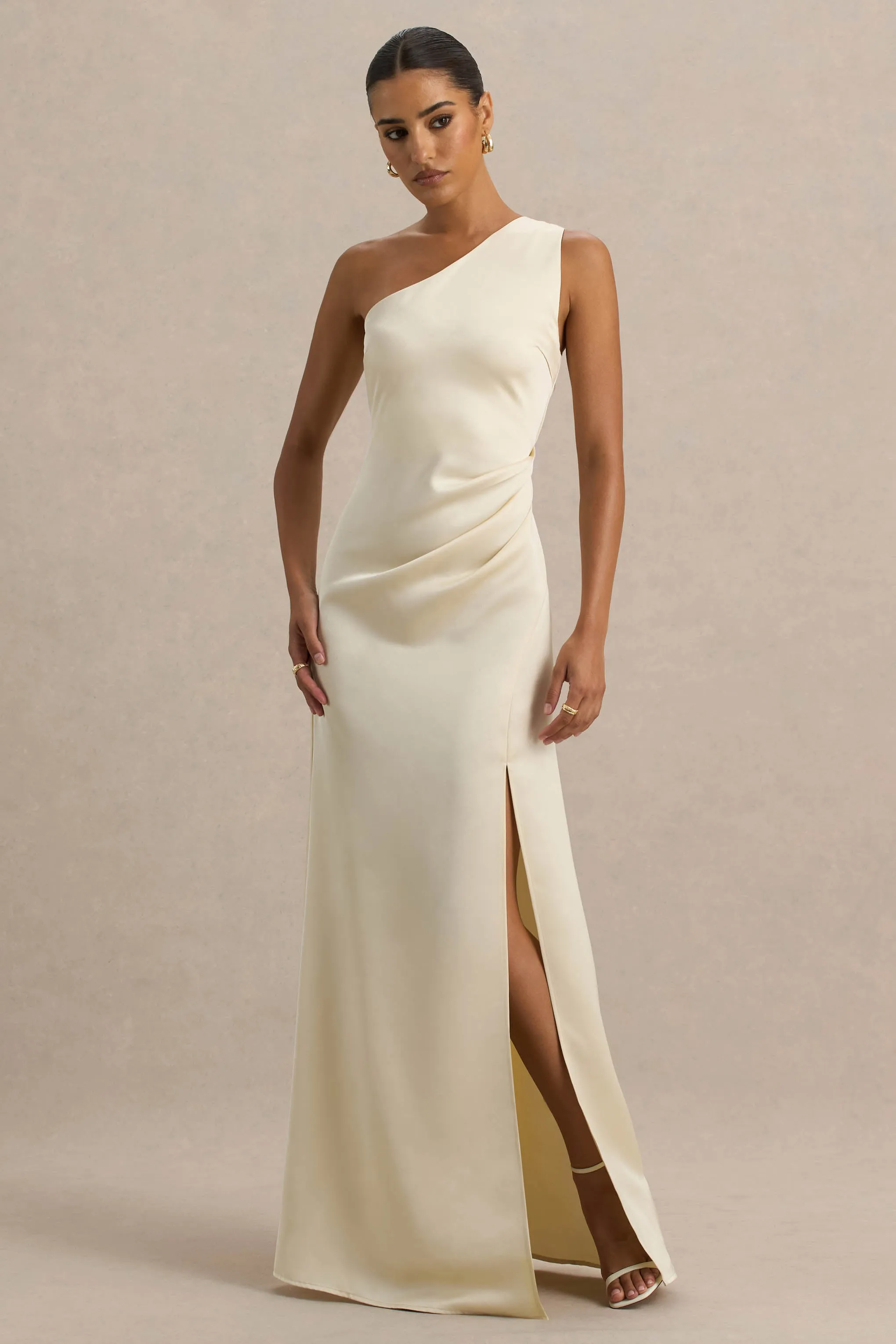 Beth | Pale Lemon Asymmetric Neckline High-Split Maxi Dress sold by Club L London product image thumbnail 3