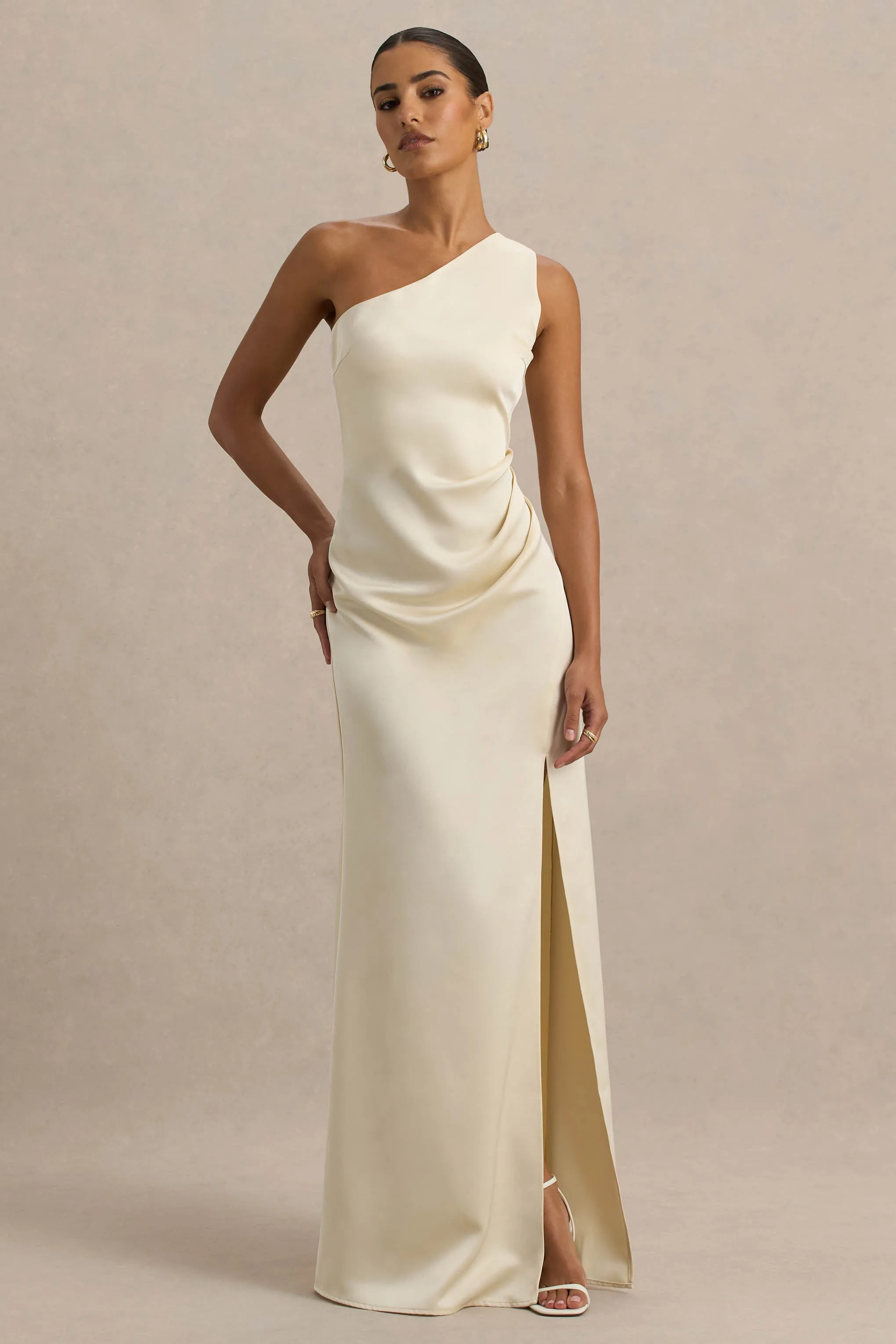 Beth | Pale Lemon Asymmetric Neckline High-Split Maxi Dress sold by Club L London product image thumbnail 5