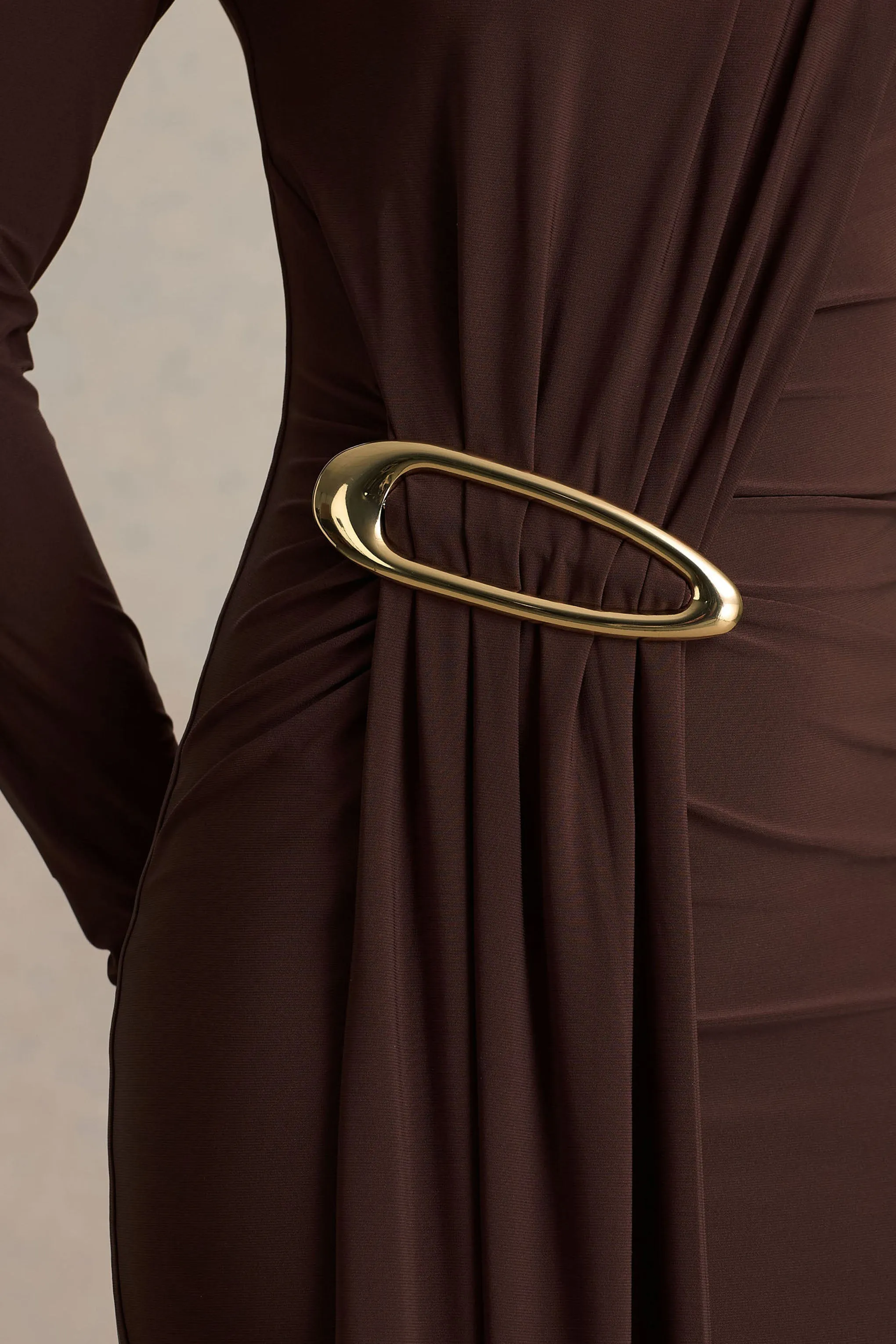 Zadie | Brown High-Neck Maxi Dress With Gathered-Detail sold by Club L London product image thumbnail 3