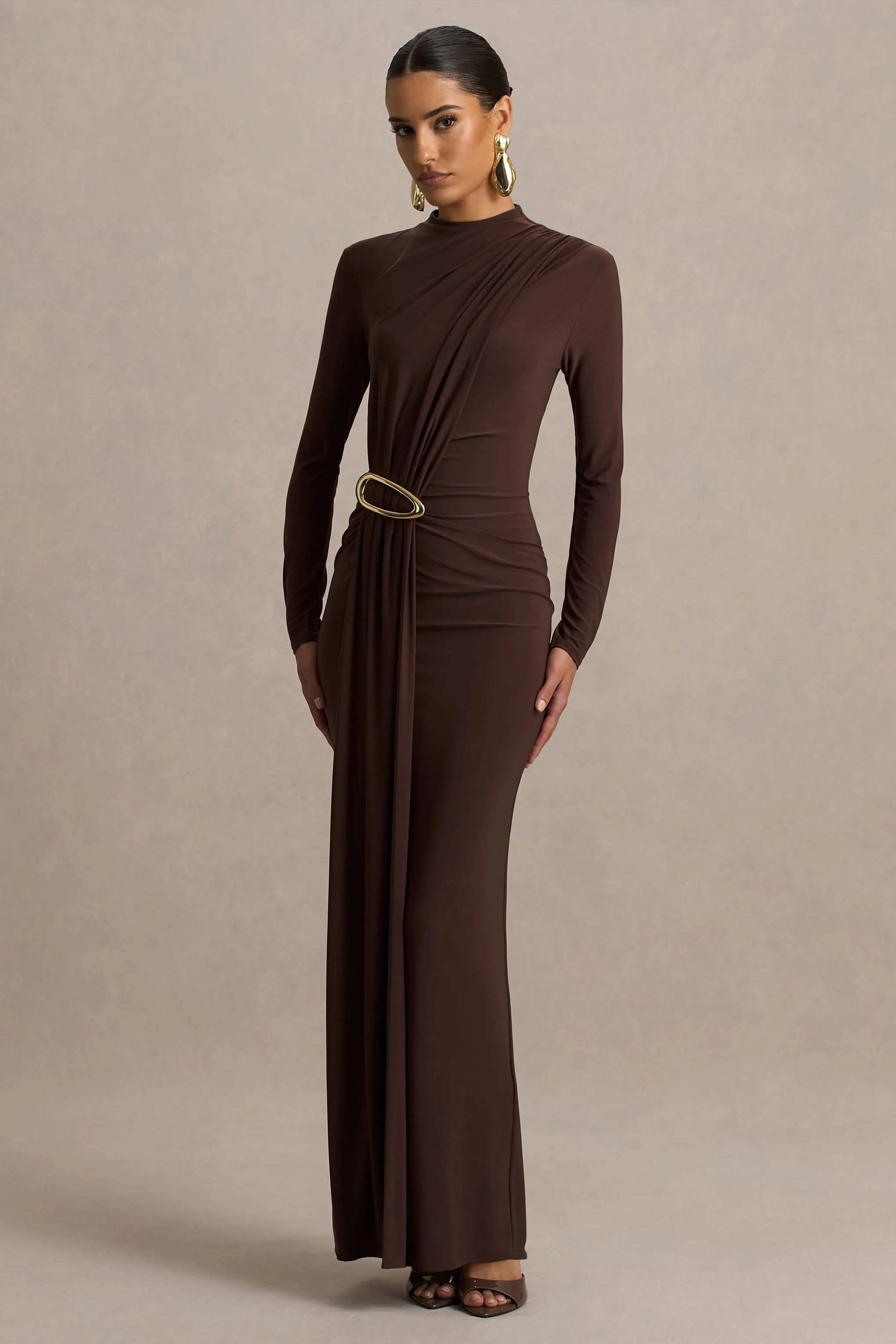 Zadie | Brown High-Neck Maxi Dress With Gathered-Detail sold by Club L London product image thumbnail 4