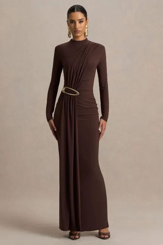 Zadie | Brown High-Neck Maxi Dress With Gathered-Detail sold by Club L London
