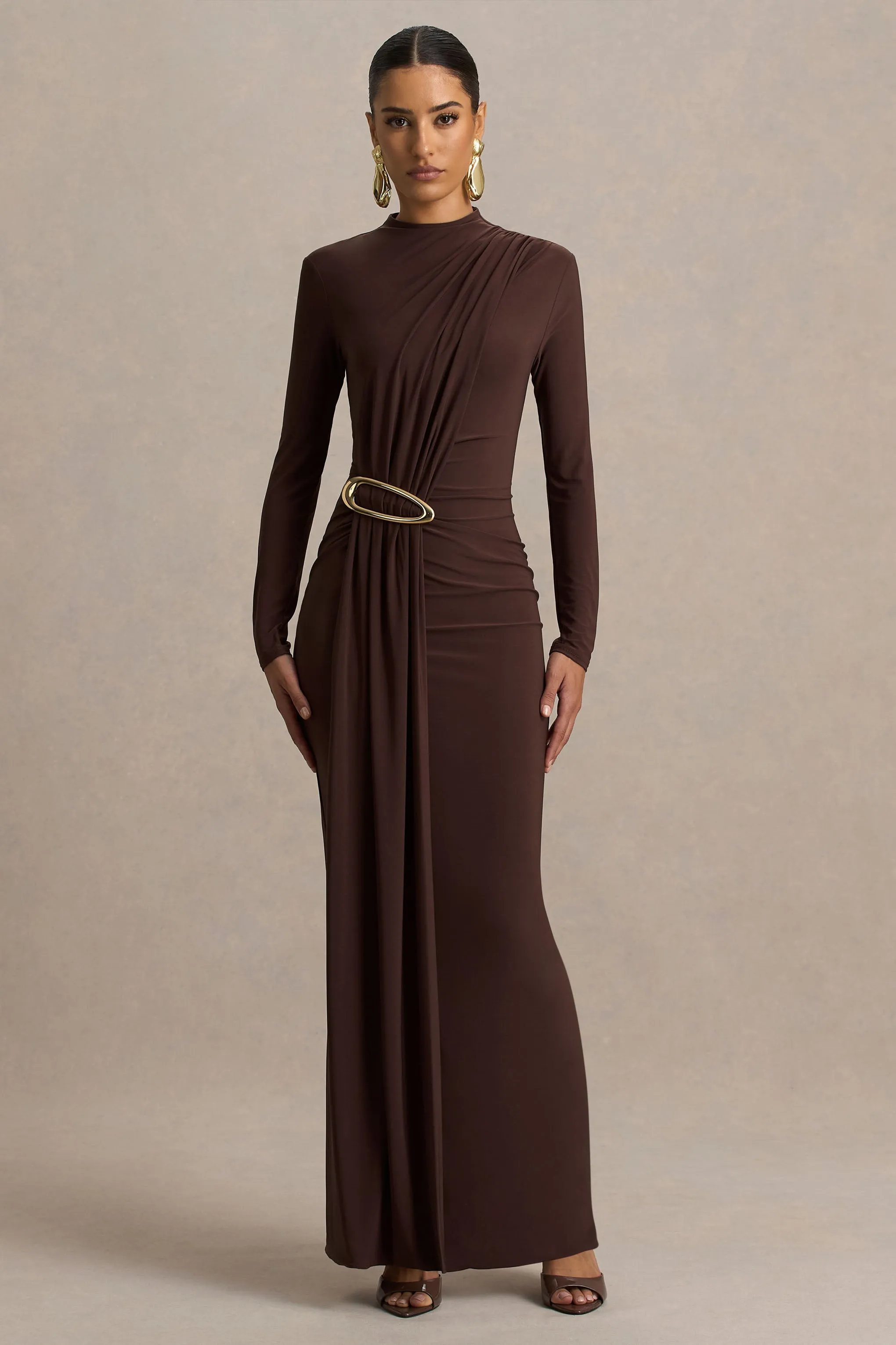 Zadie | Brown High-Neck Maxi Dress With Gathered-Detail sold by Club L London