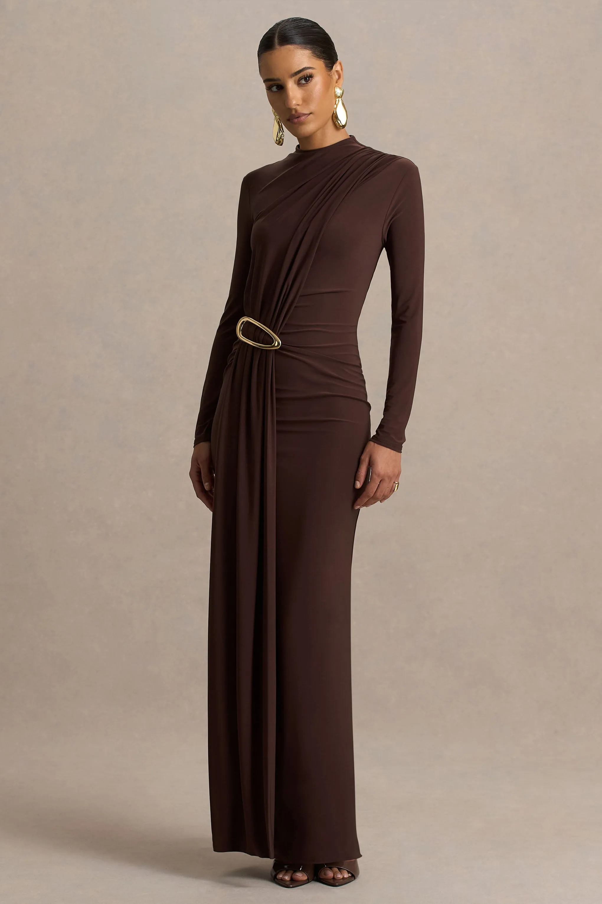 Zadie | Brown High-Neck Maxi Dress With Gathered-Detail sold by Club L London product image thumbnail 5