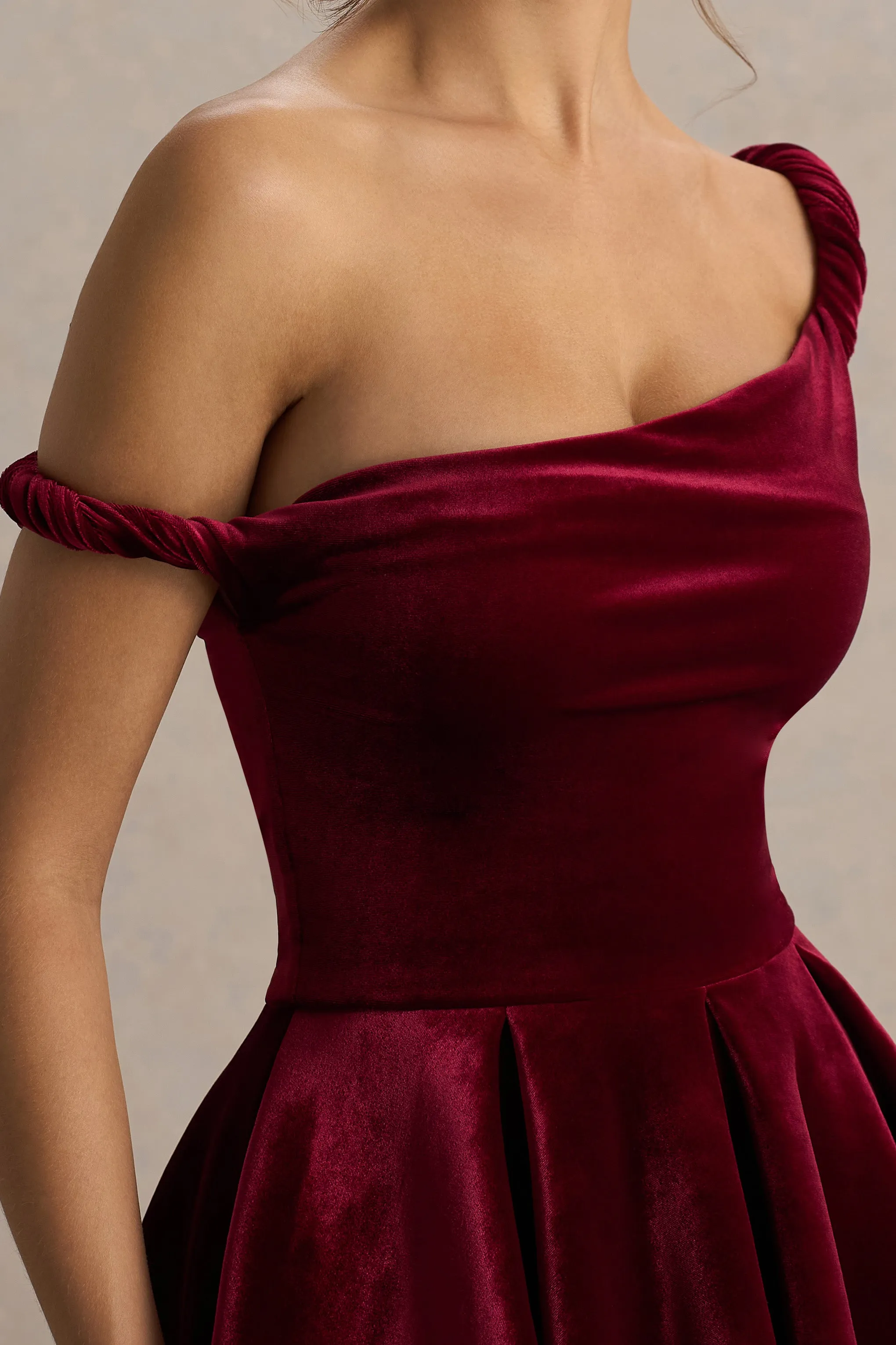 Leticia | Burgundy Velvet Asymmetric-Neck Velvet Mini Dress With Twist-Sleeve sold by Club L London product image thumbnail 3