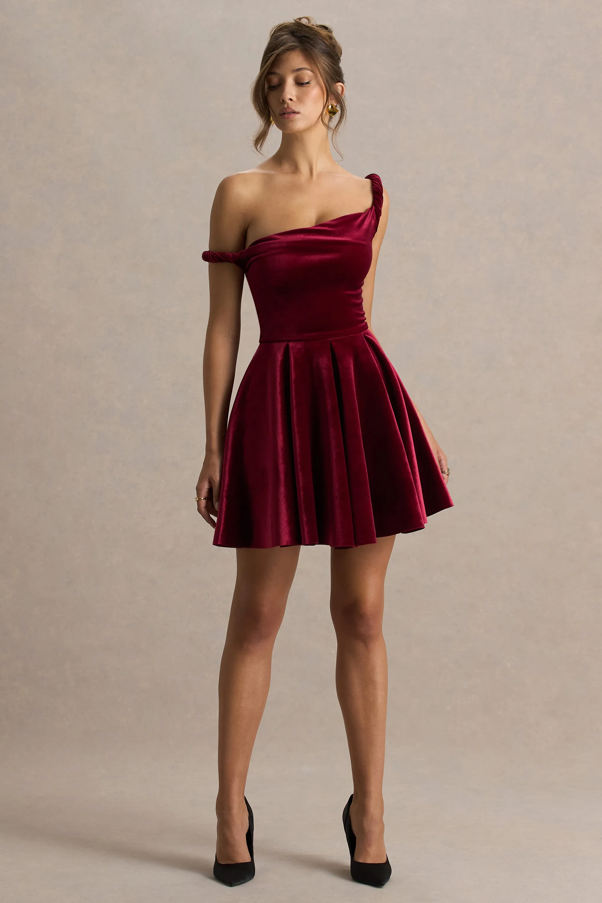 Leticia | Burgundy Velvet Asymmetric-Neck Velvet Mini Dress With Twist-Sleeve sold by Club L London product image thumbnail 4