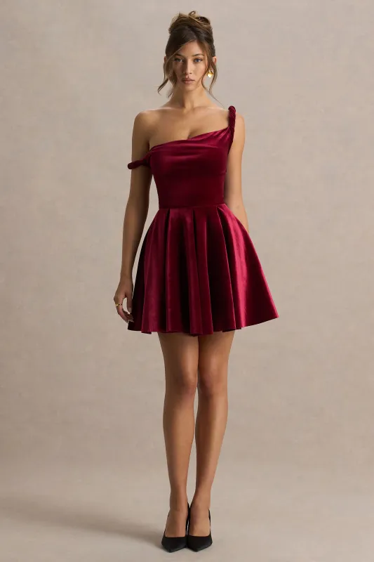 Leticia | Burgundy Velvet Asymmetric-Neck Velvet Mini Dress With Twist-Sleeve sold by Club L London