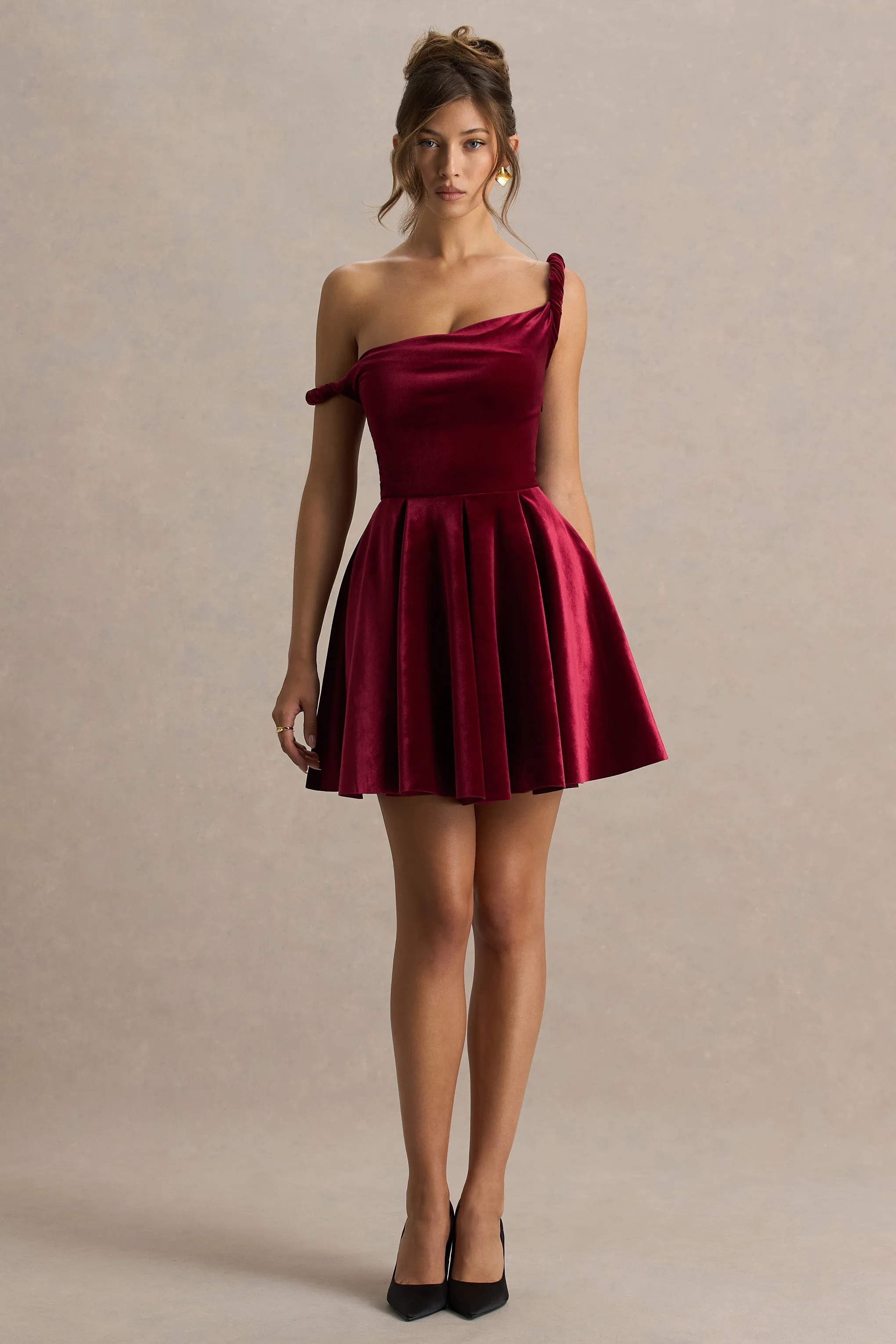 Leticia | Burgundy Velvet Asymmetric-Neck Velvet Mini Dress With Twist-Sleeve sold by Club L London