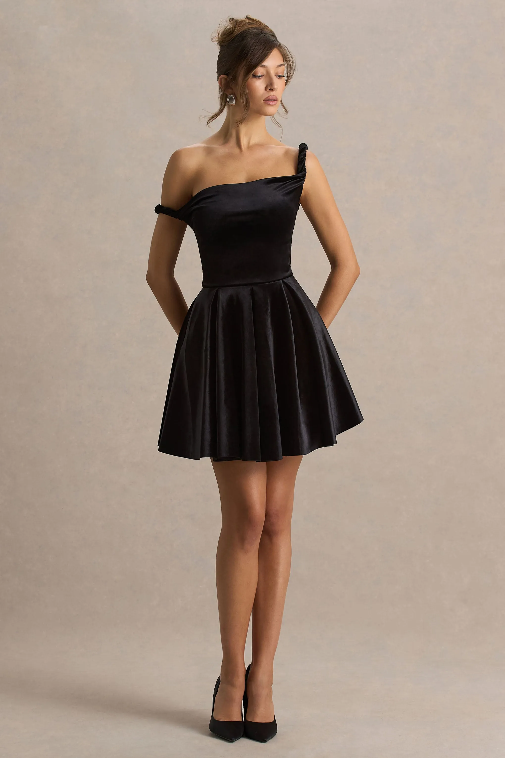 Leticia | Black Velvet Asymmetric-Neck Velvet Mini Dress With Twist-Sleeve sold by Club L London product image thumbnail 4