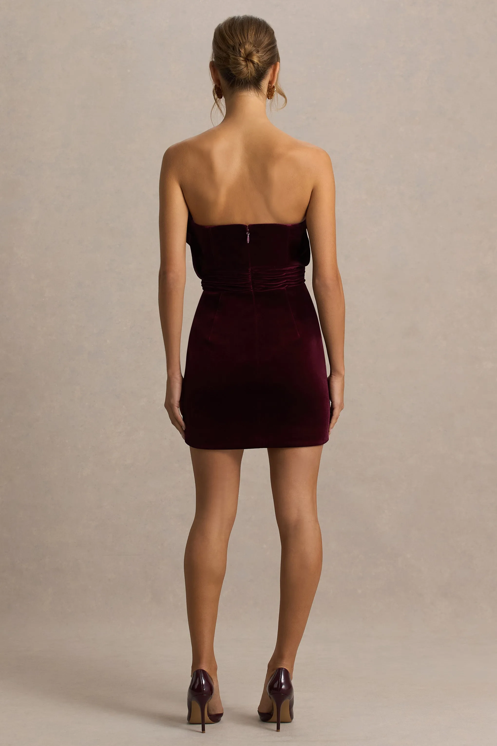 Polly | Burgundy Velvet Ruffled Strapless Mini Dress sold by Club L London product image thumbnail 2