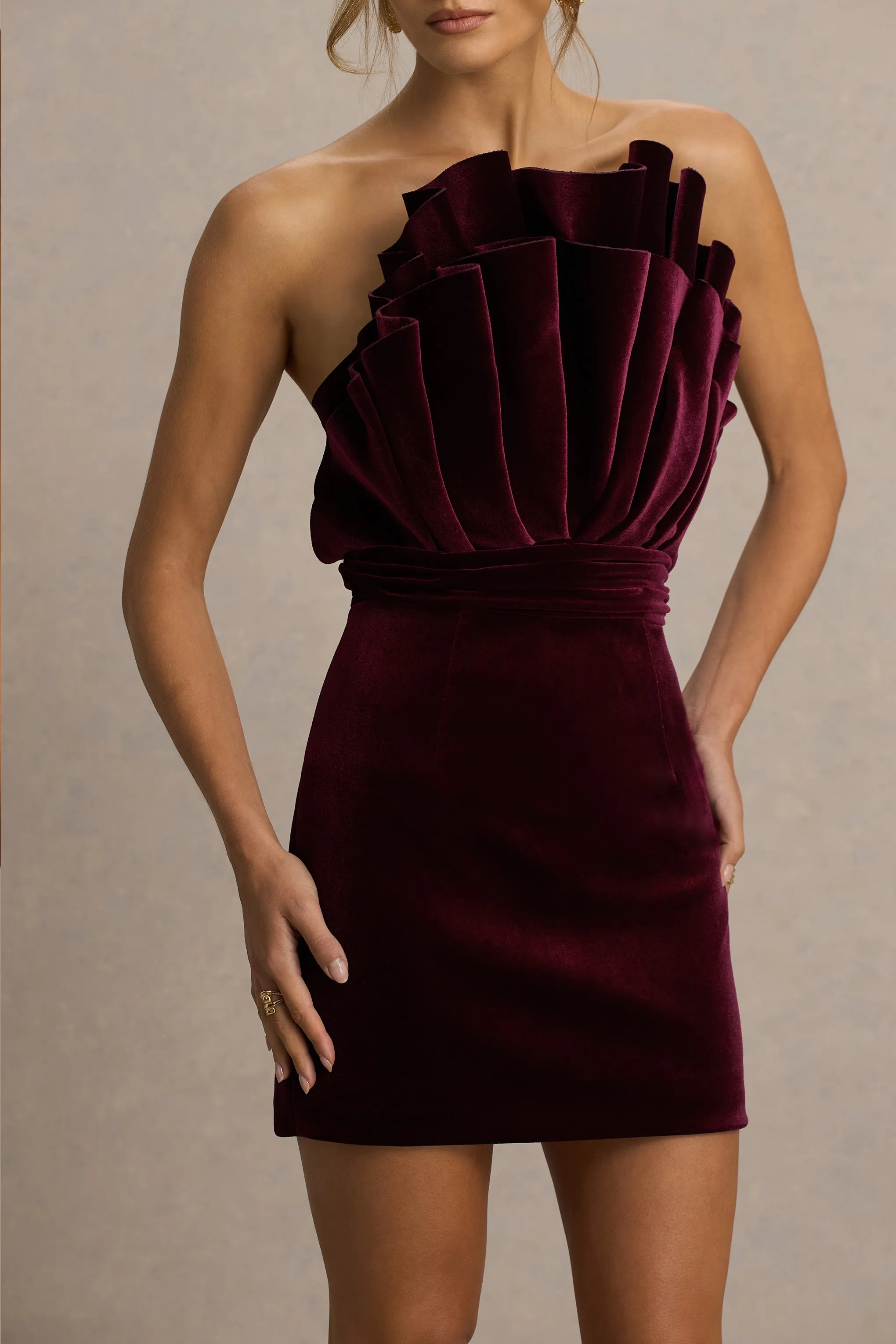 Polly | Burgundy Velvet Ruffled Strapless Mini Dress sold by Club L London product image thumbnail 4