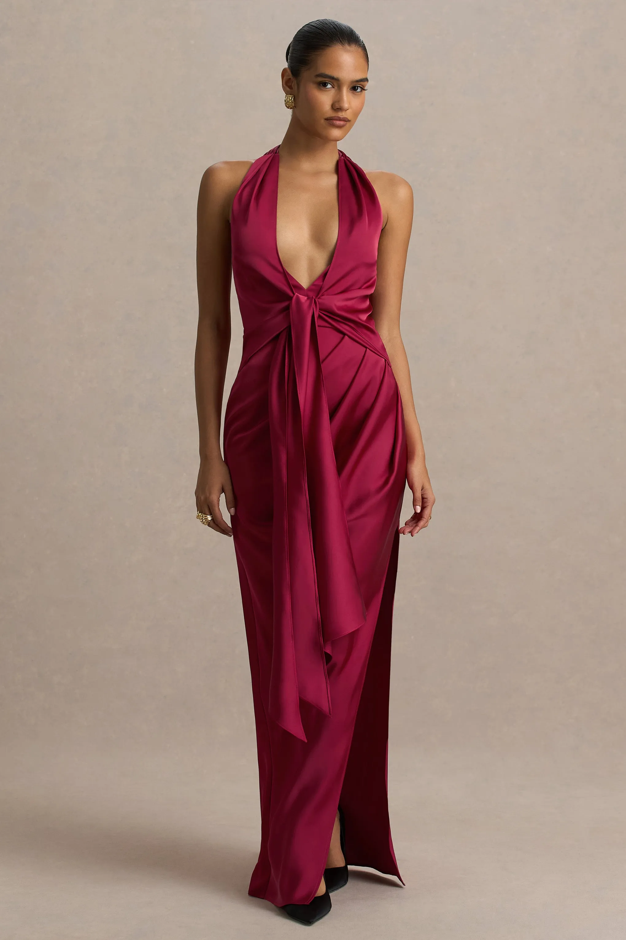 Lynette | Burgundy Satin Plunge-Neck Asymmetric Maxi Dress sold by Club L London product image thumbnail 3