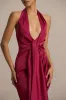 Lynette | Burgundy Satin Plunge-Neck Asymmetric Maxi Dress sold by Club L London
