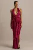Lynette | Burgundy Satin Plunge-Neck Asymmetric Maxi Dress sold by Club L London