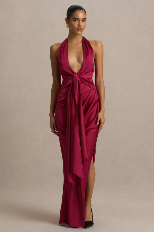 Lynette | Burgundy Satin Plunge-Neck Asymmetric Maxi Dress sold by Club L London