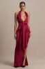 Lynette | Burgundy Satin Plunge-Neck Asymmetric Maxi Dress sold by Club L London